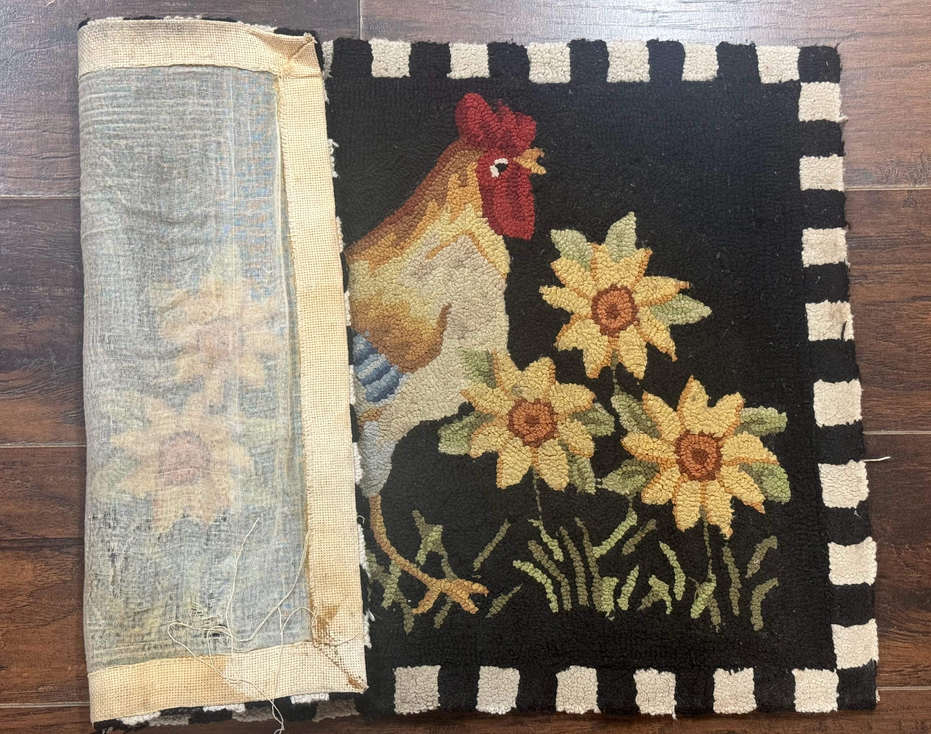 Vintage Hooked Rooster Rug 2x3, Black - Jewel Rugs