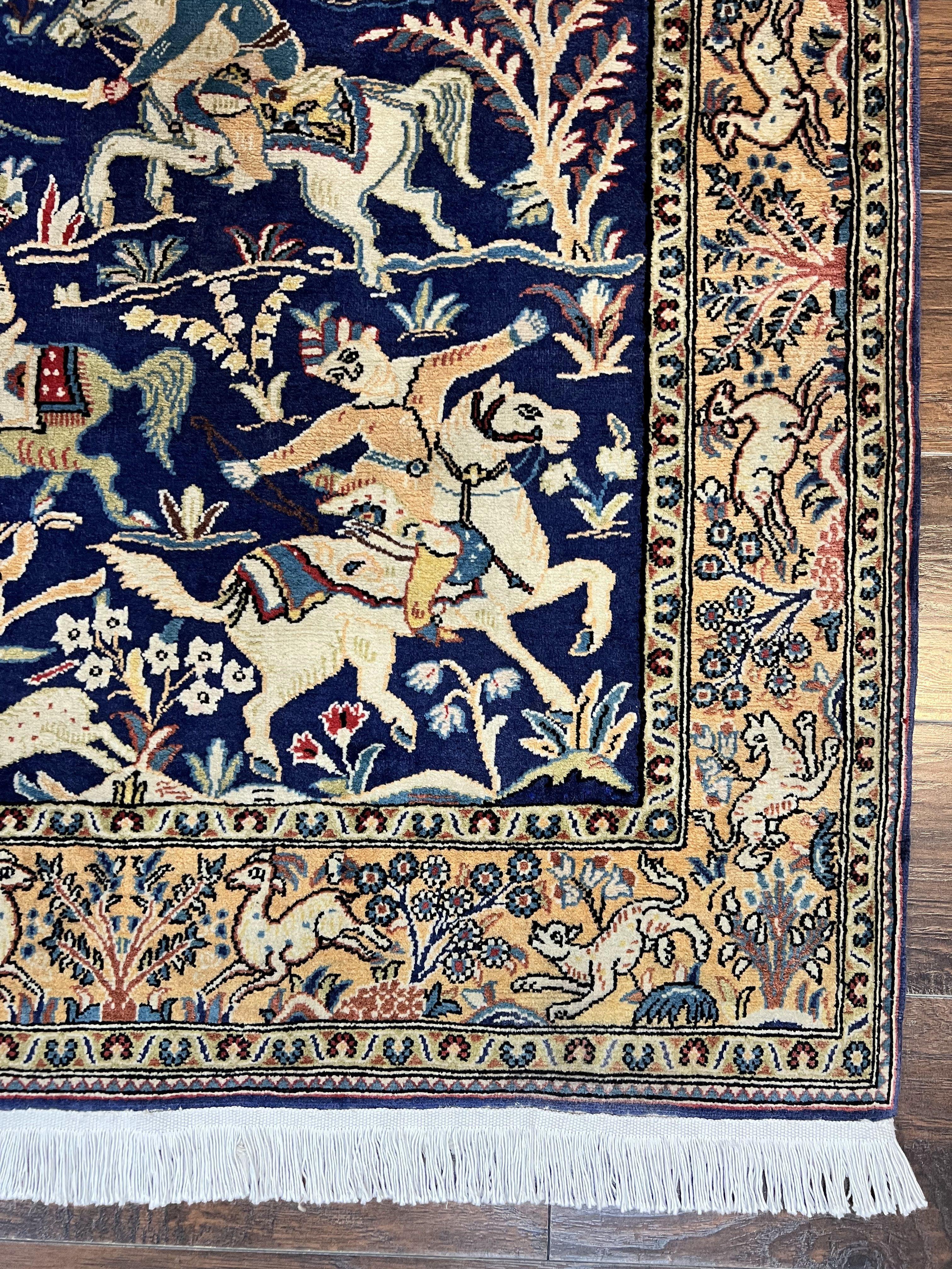 Persian Qum Hunting Design Rug 4x5, Wool Hand Knotted Vintage Oriental Carpet, Navy Blue & Mustard, Horsemen Animal Pictorials, Rare - Jewel Rugs