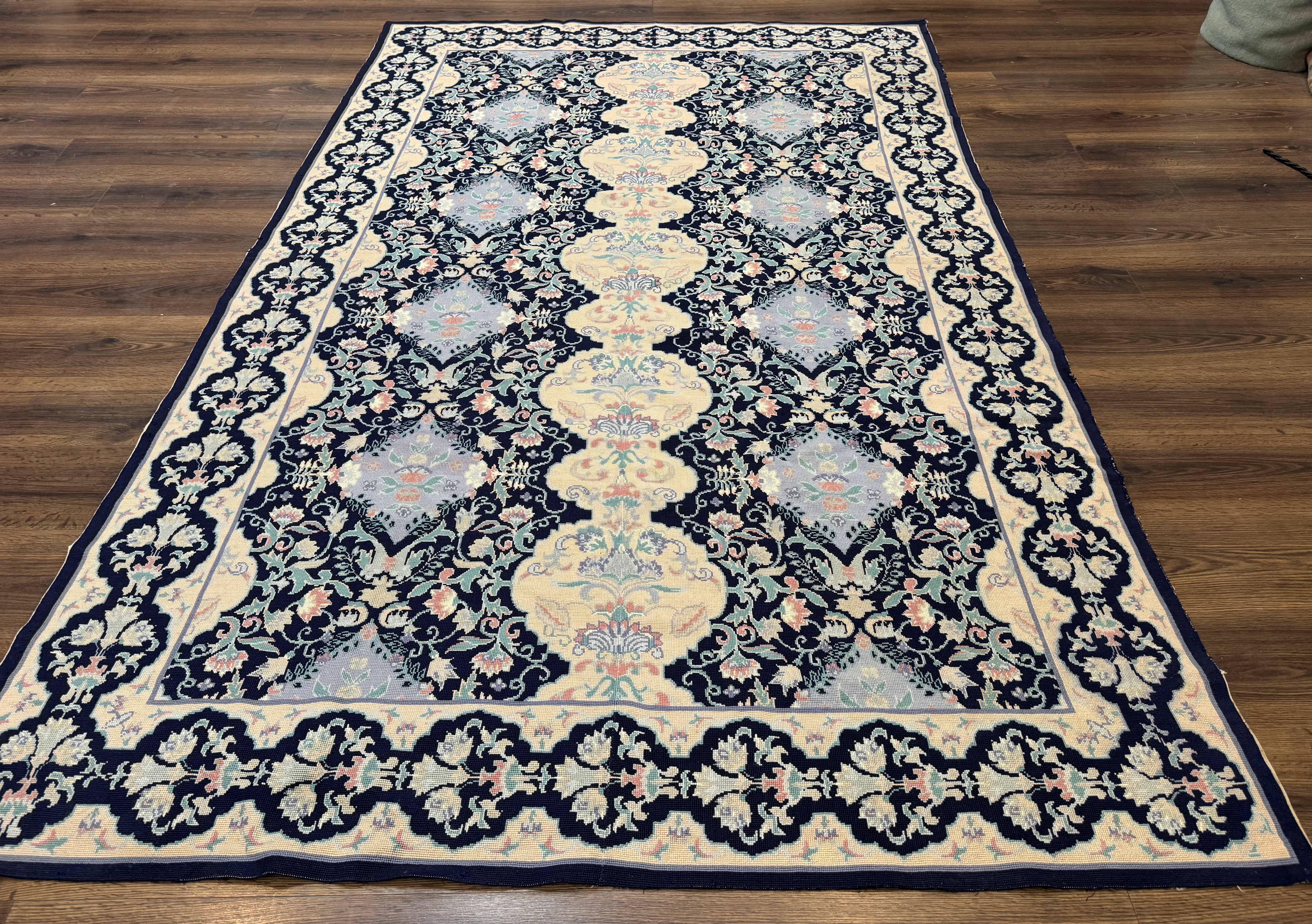 Needlepoint Rug 6x9, Ivory and Navy Blue - Jewel Rugs