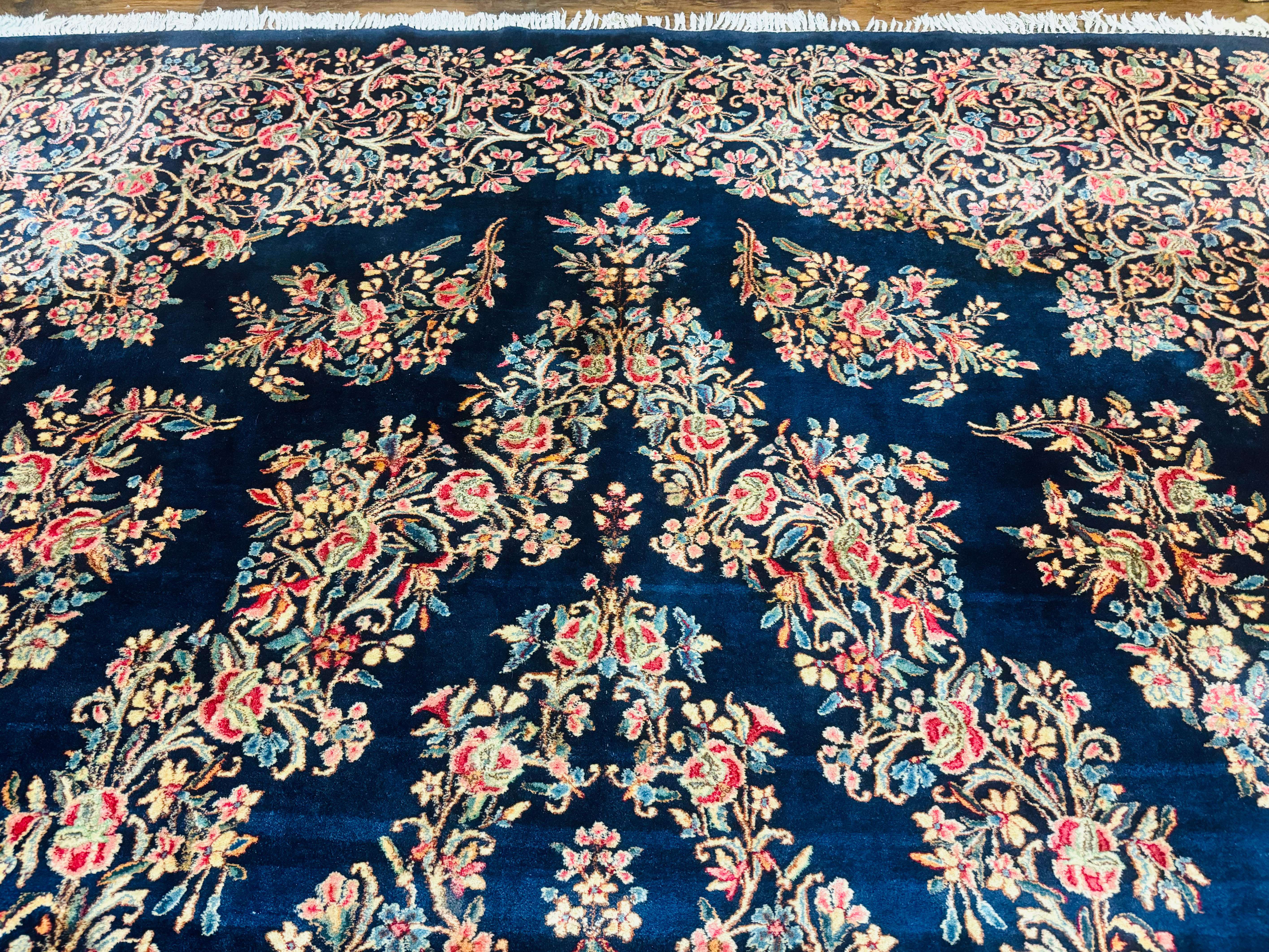 Antique Persian Kerman Rug 10x13, Navy Blue Floral Carpet, Fine 270 KPSI - Jewel Rugs