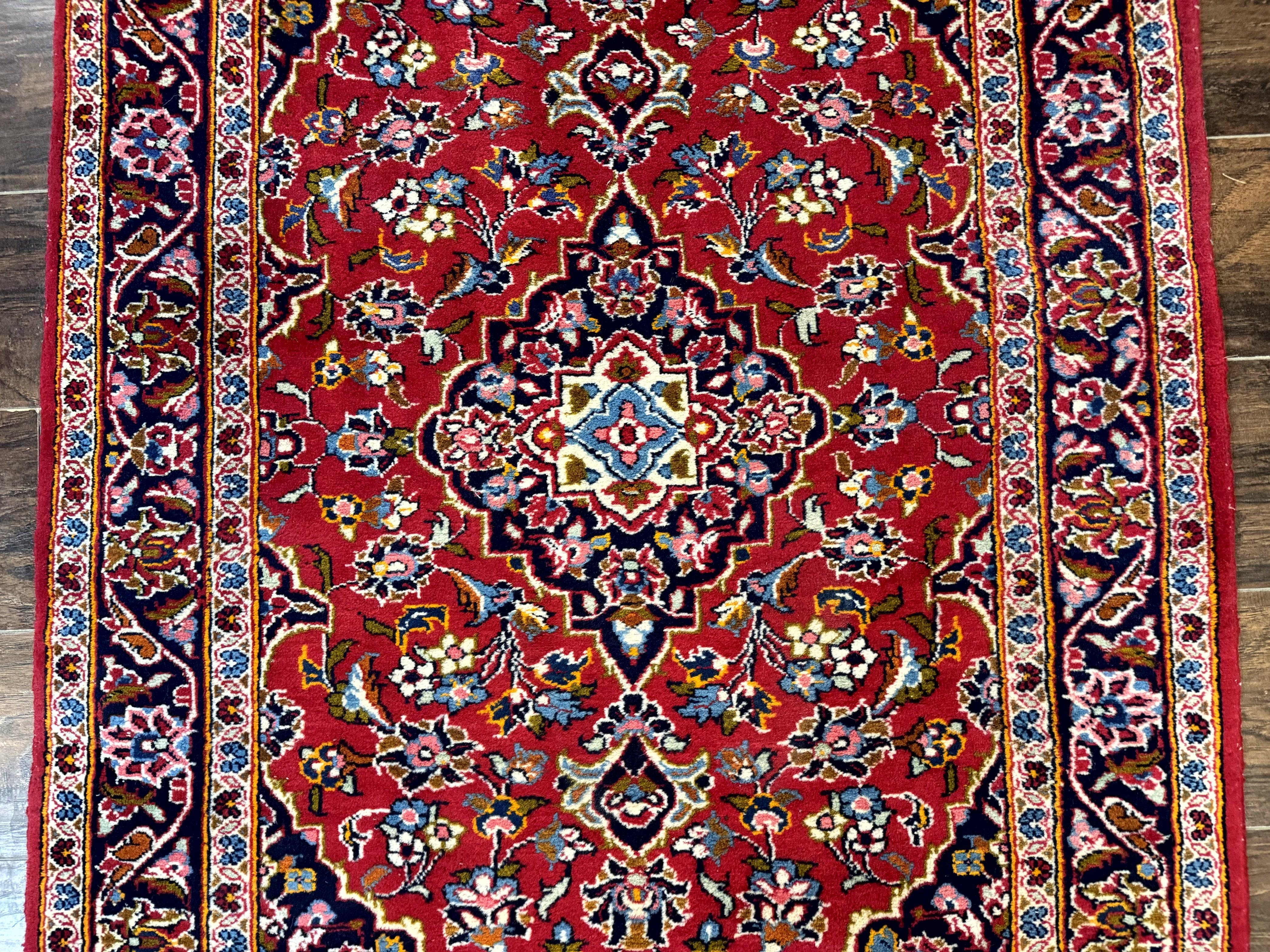 Small Red Persian Kashan Rug 3x5, Floral Medallion, Semi Antique, 150 KPSI, Wool, Handmade - Jewel Rugs