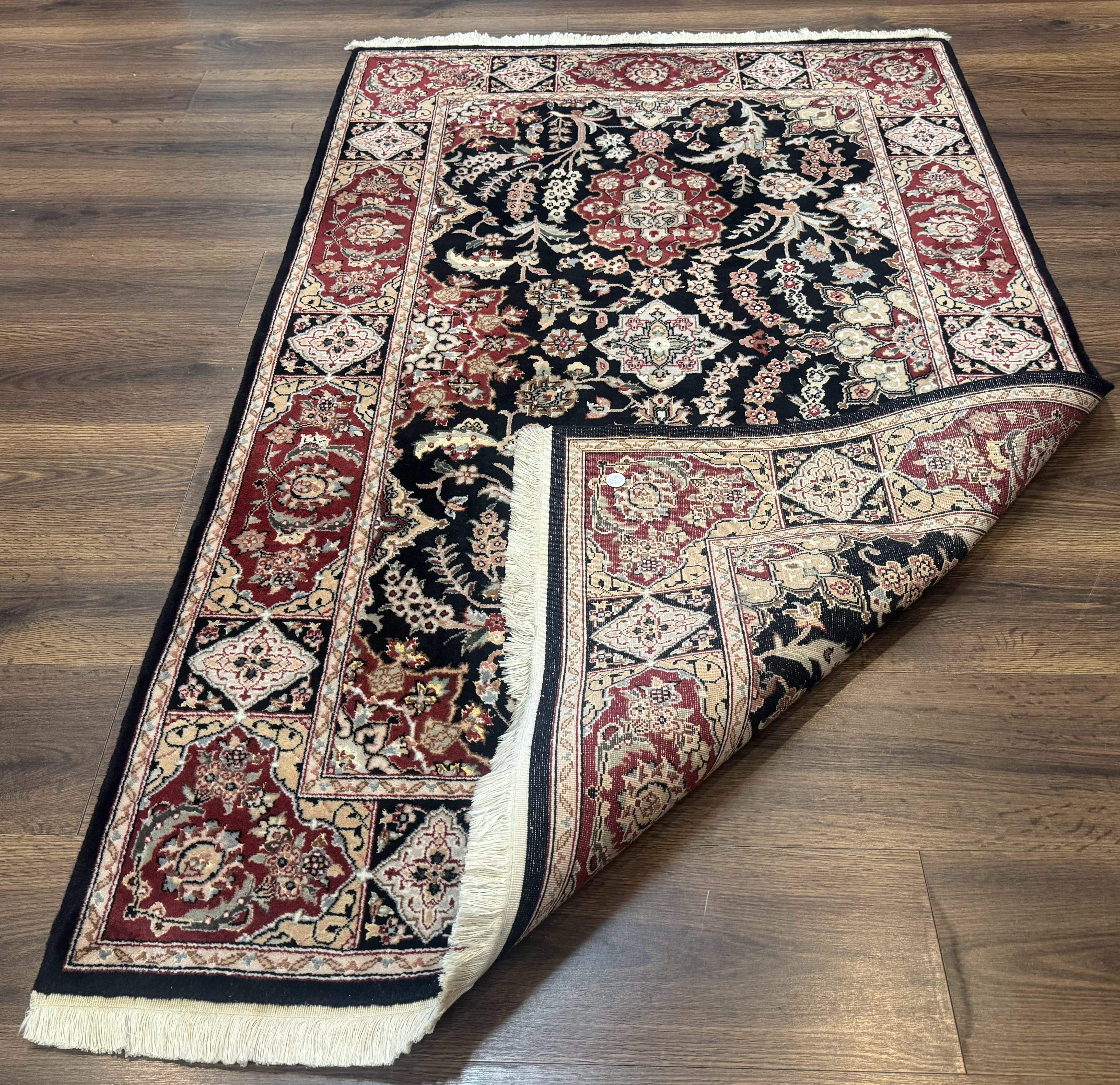 Pak Persian Rug 4x6, Black and Burgundy, Floral Allover, Wool and Silk - Jewel Rugs