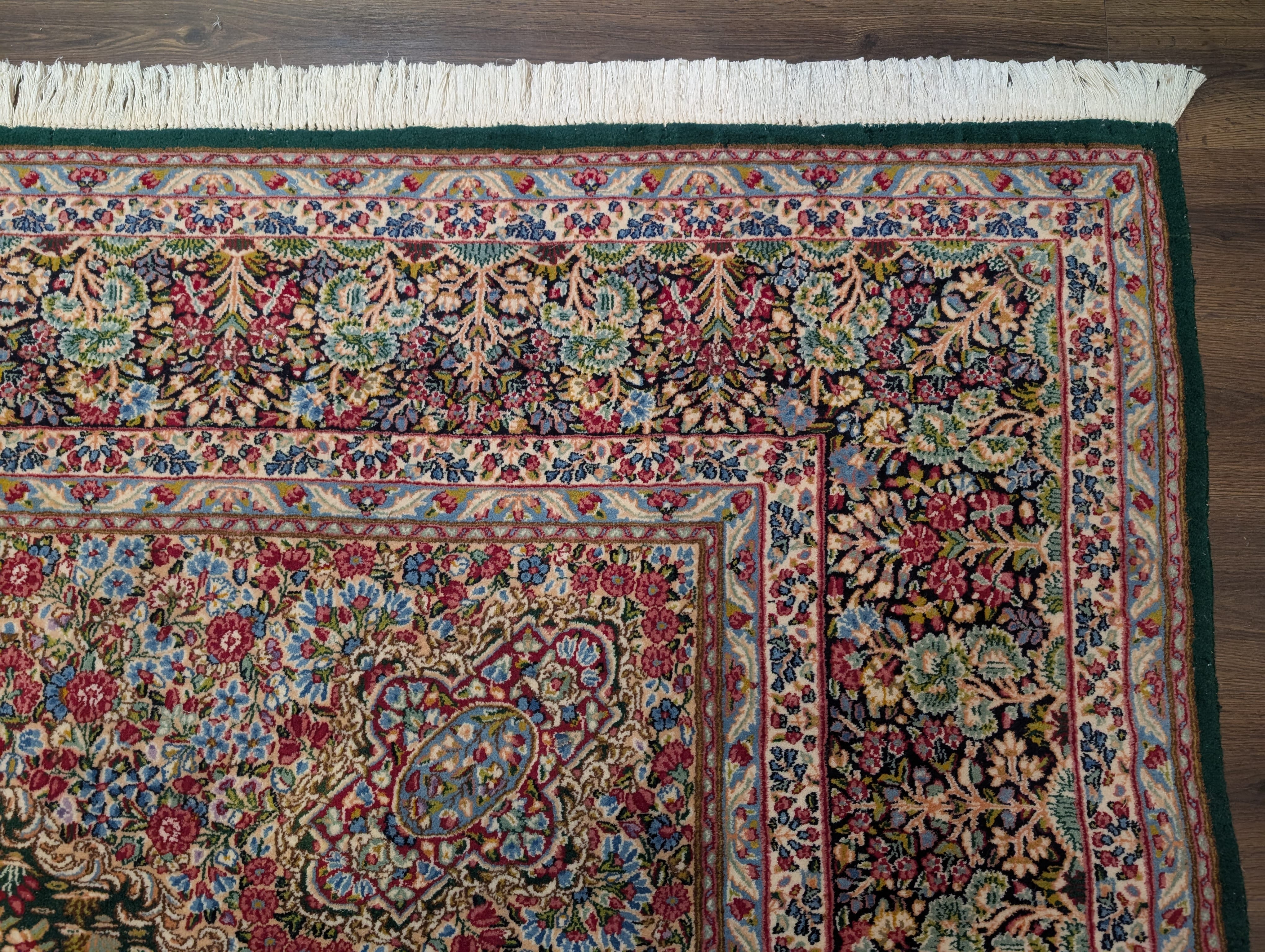 Persian Kirman Rug 10x12, Millefleur, Hand-Knotted Wool Carpet, Dark Green Multicolor - Jewel Rugs