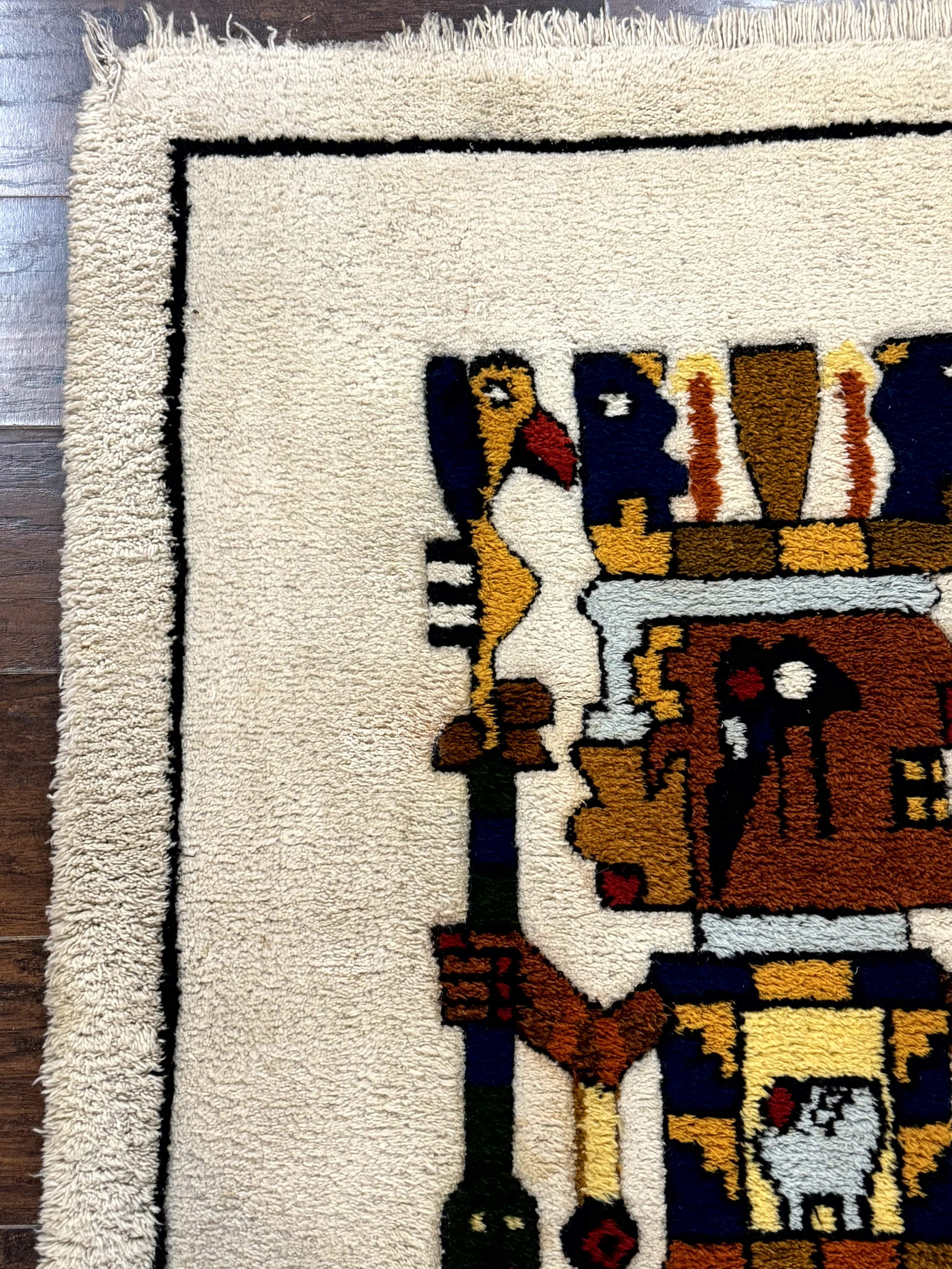 South American Shag Rug 3x5 – Ivory, Pictorial, Vintage Peruvian Native American Wool Rug - Jewel Rugs