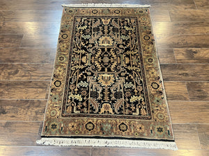 Heriz Rug 3.6 x 5, Handmade Vintage Wool Carpet, Couristan Carpet, Persian Design, Black