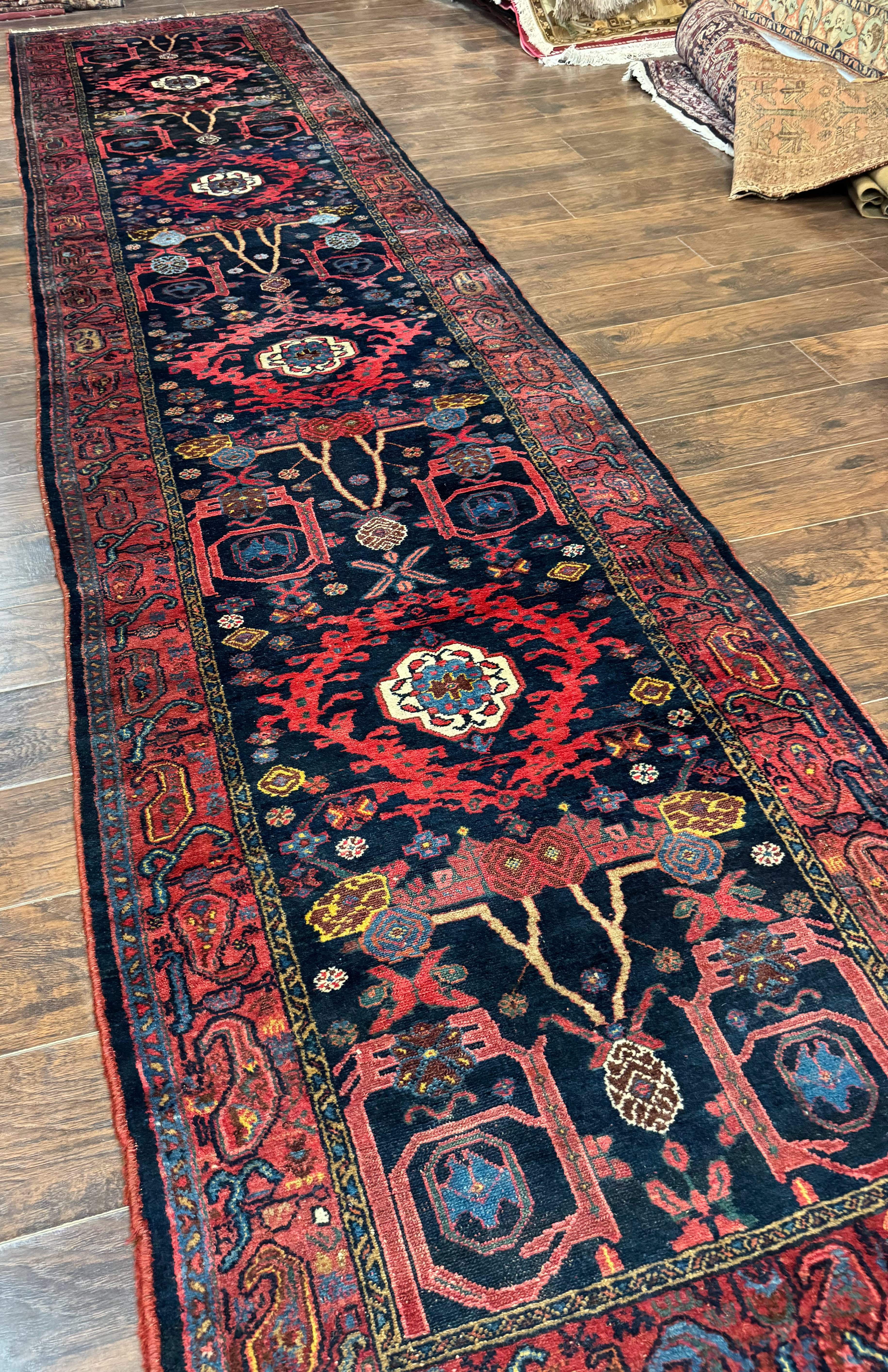 Rare Persian Malayer Runner Rug 4x16 – Navy and Red, Hand-Knotted Wool Antique Carpet, Paisley Border - Jewel Rugs