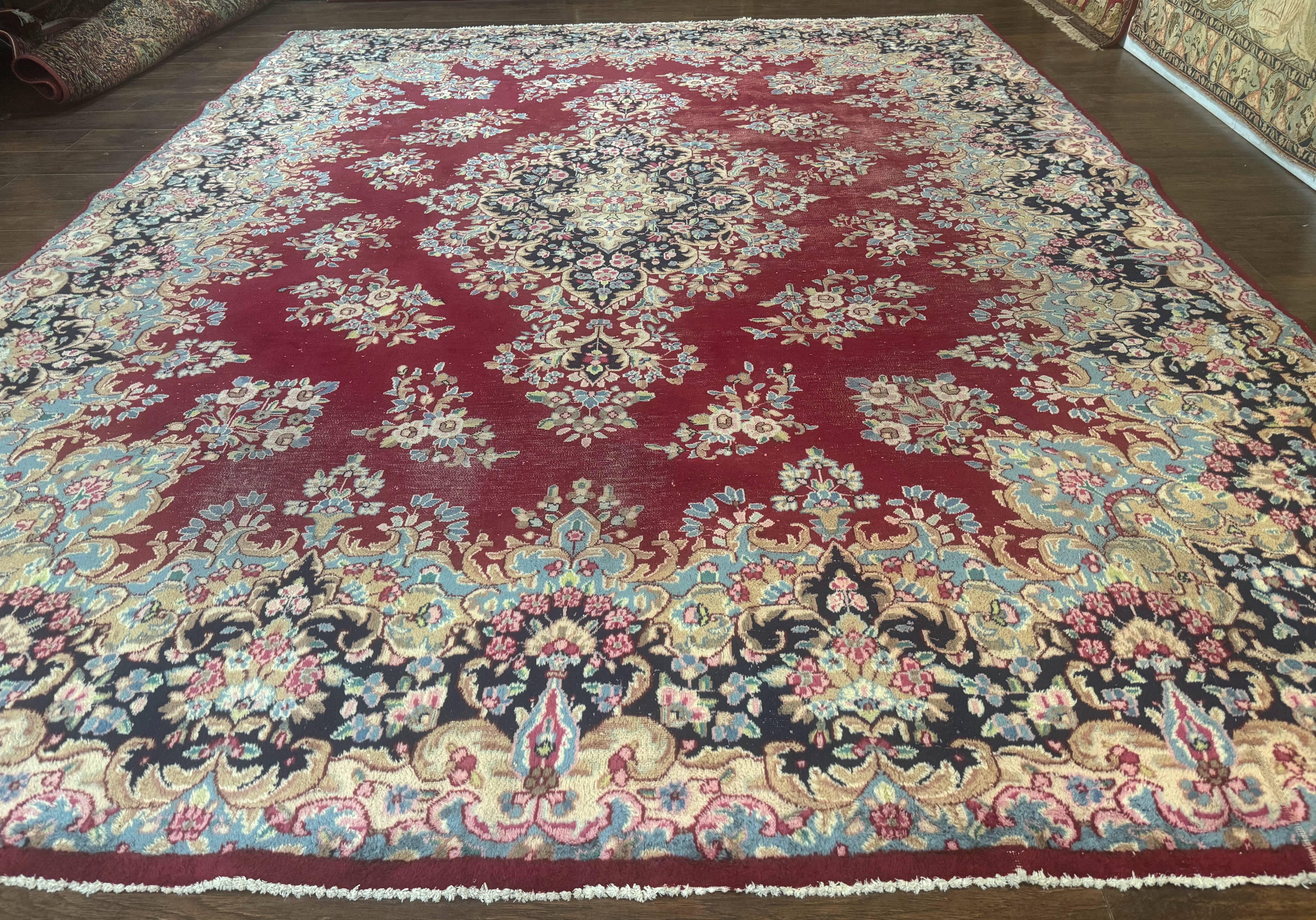 Persian Kerman Rug 10x12, Raspberry Red and Navy Blue, Traditional Persian Carpet - Jewel Rugs