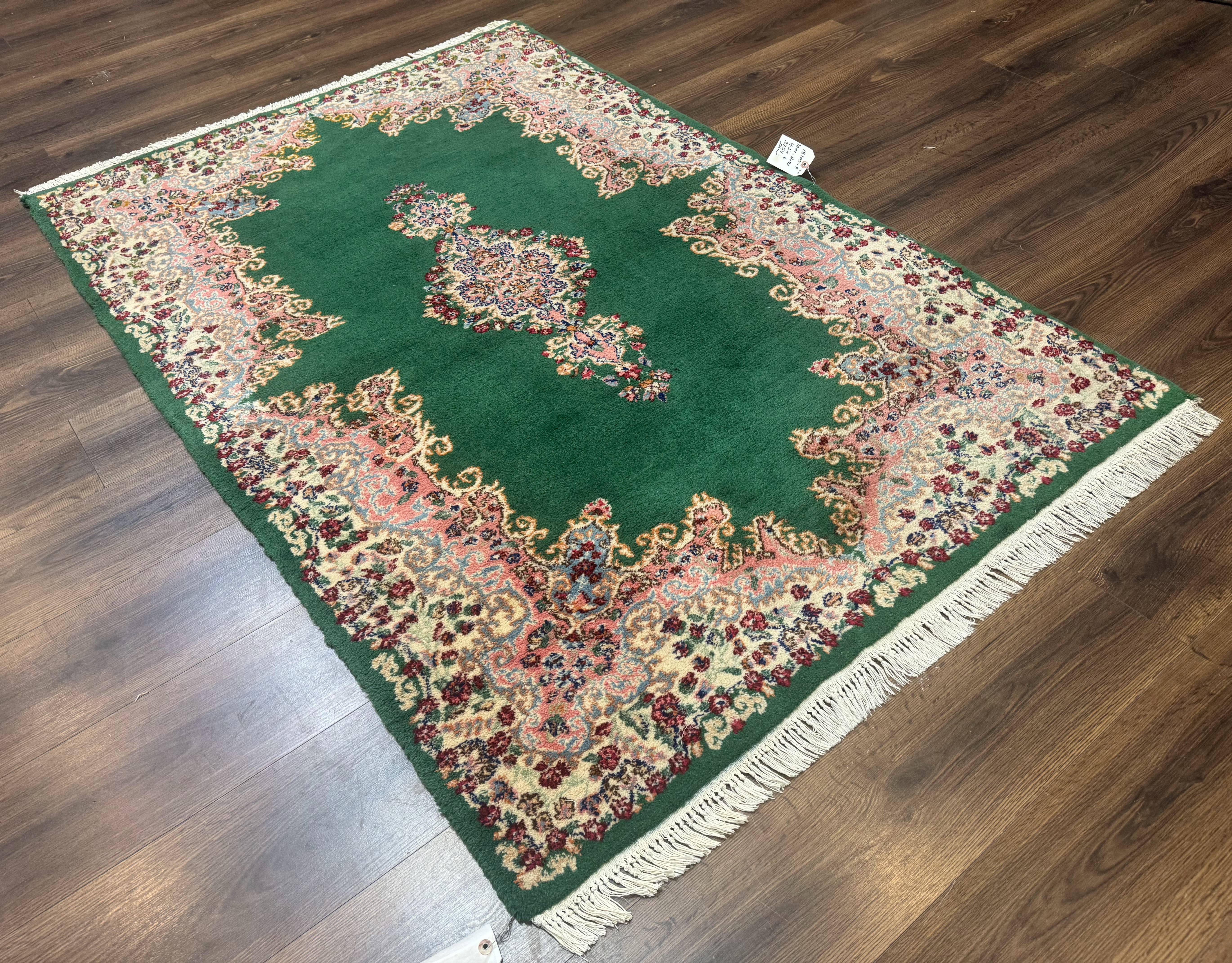 Green Persian Kerman Rug 4x6, Semi Open Field, Green & Cream, Vintage - Jewel Rugs