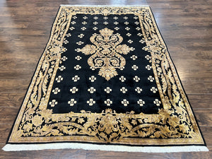 Tibetan Nepali Rug 6x9, Aubusson French European Design, Wool Handmade Vintage Carpet, Black 6 x 9 Rug