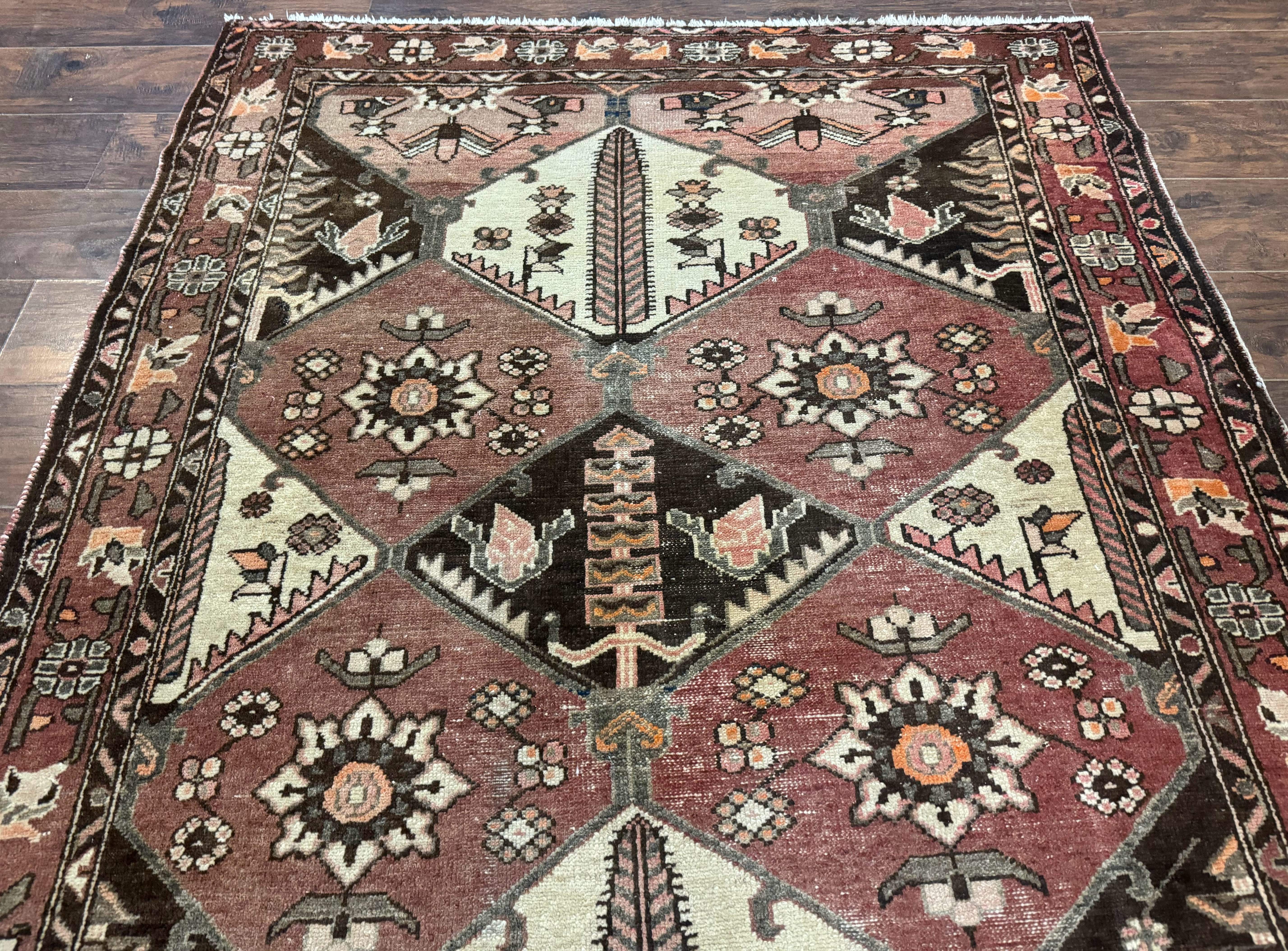 Persian Bakhtiari Rug 5x7 – Muted Rose and Cream, Wool Tribal Carpet, Geometric Panel Design - Jewel Rugs