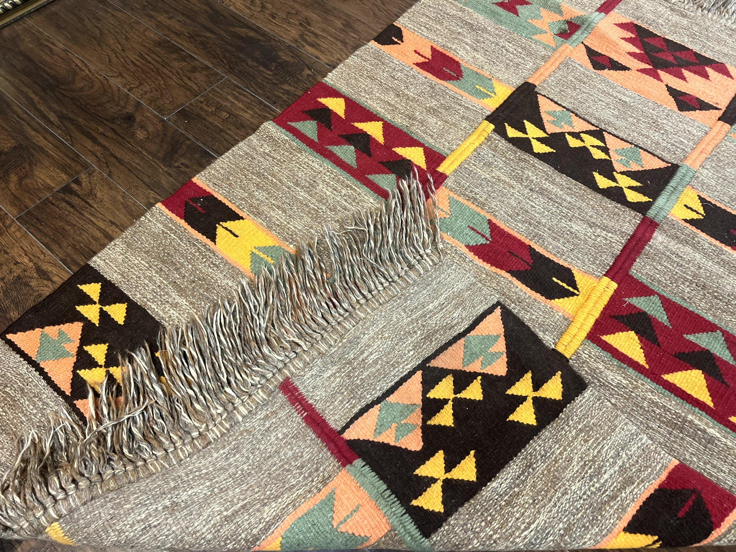 South American Flatweave Rug, Gray, Handmade Vintage Wool Bohemian Blanket - Jewel Rugs