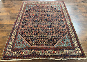 Antique Persian Rug 5 x 6.7, Navy Blue & Ivory, Handmade Persian Wool Carpet, Hamadan Angelas Rug