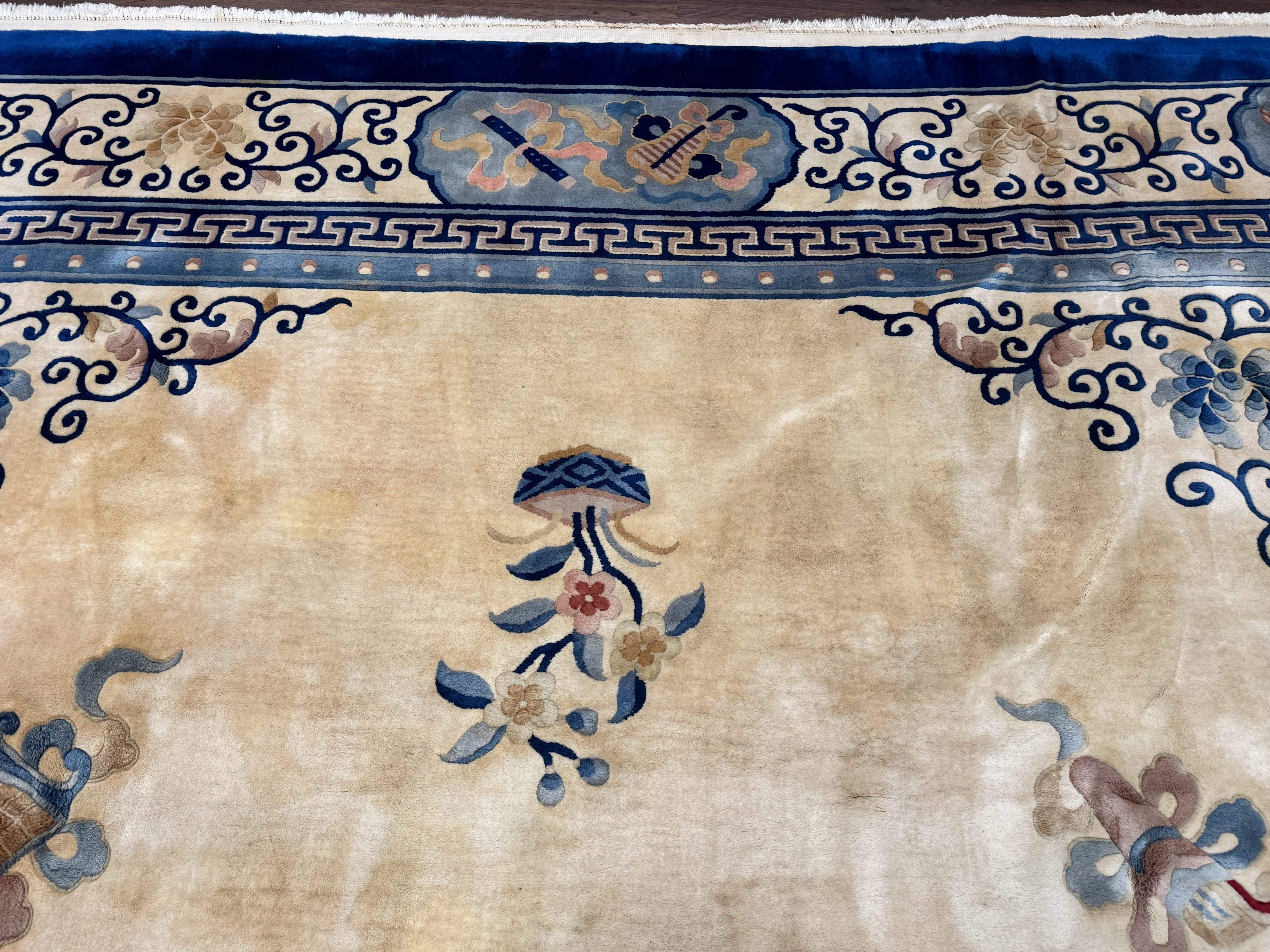 Palace Size Chinese Wool Rug 12x19 – Ivory and Blue, Dragons, Vintage Carpet - Jewel Rugs
