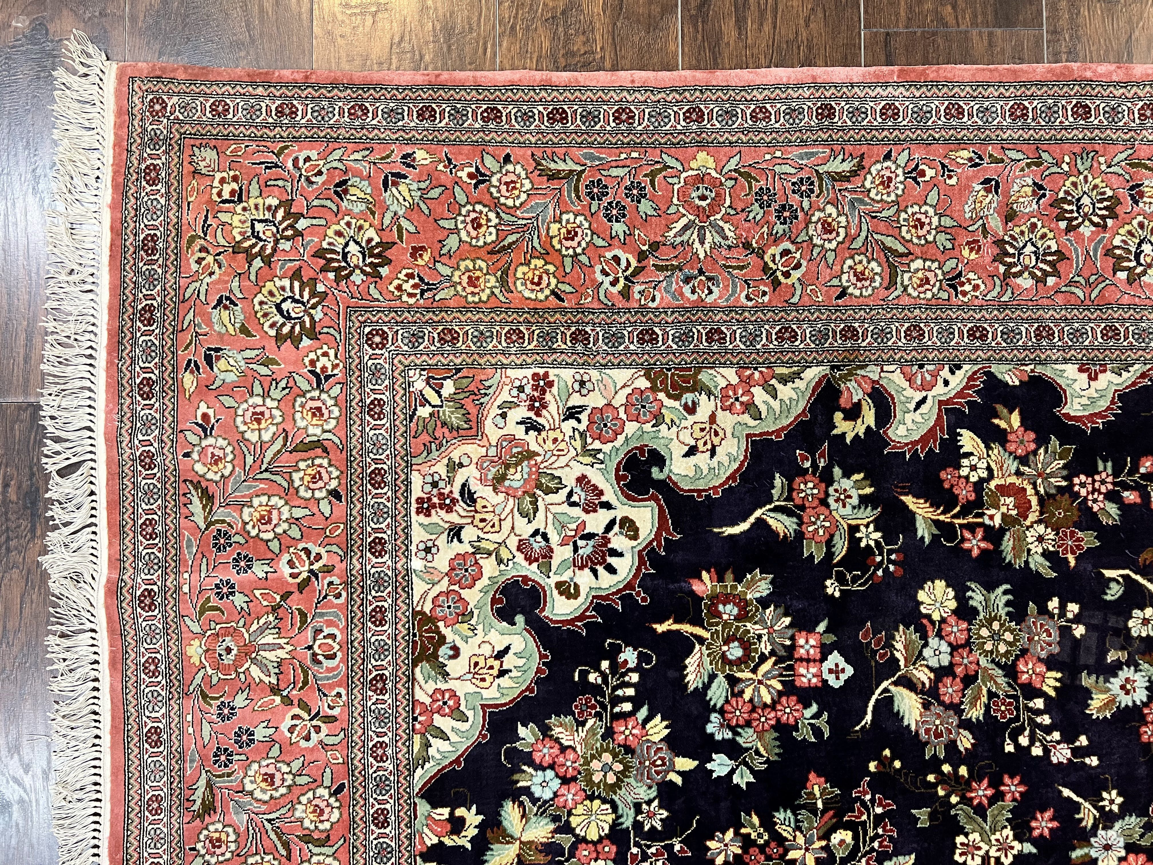 Stunning Silk Persian Qum Rug 7x9, Finely Hand Knotted Navy Blue & Salmon Floral Medallion Authentic Oriental Carpet, Vintage Handmade Silk Ghom Rug, Silk on Silk - Jewel Rugs