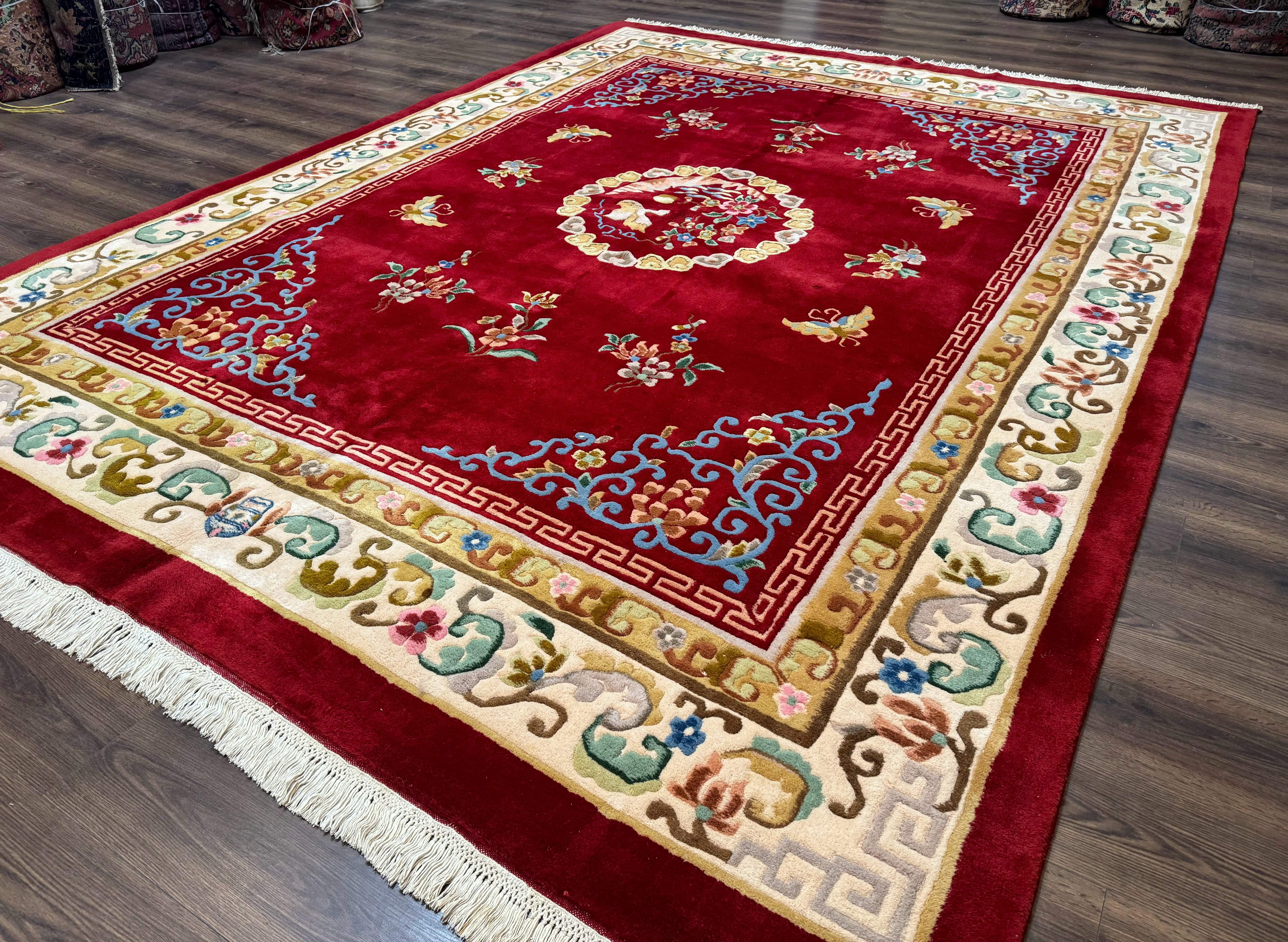Indo Chinese Wool Rug 9x12, Red Art Deco Carpet, Vintage - Jewel Rugs