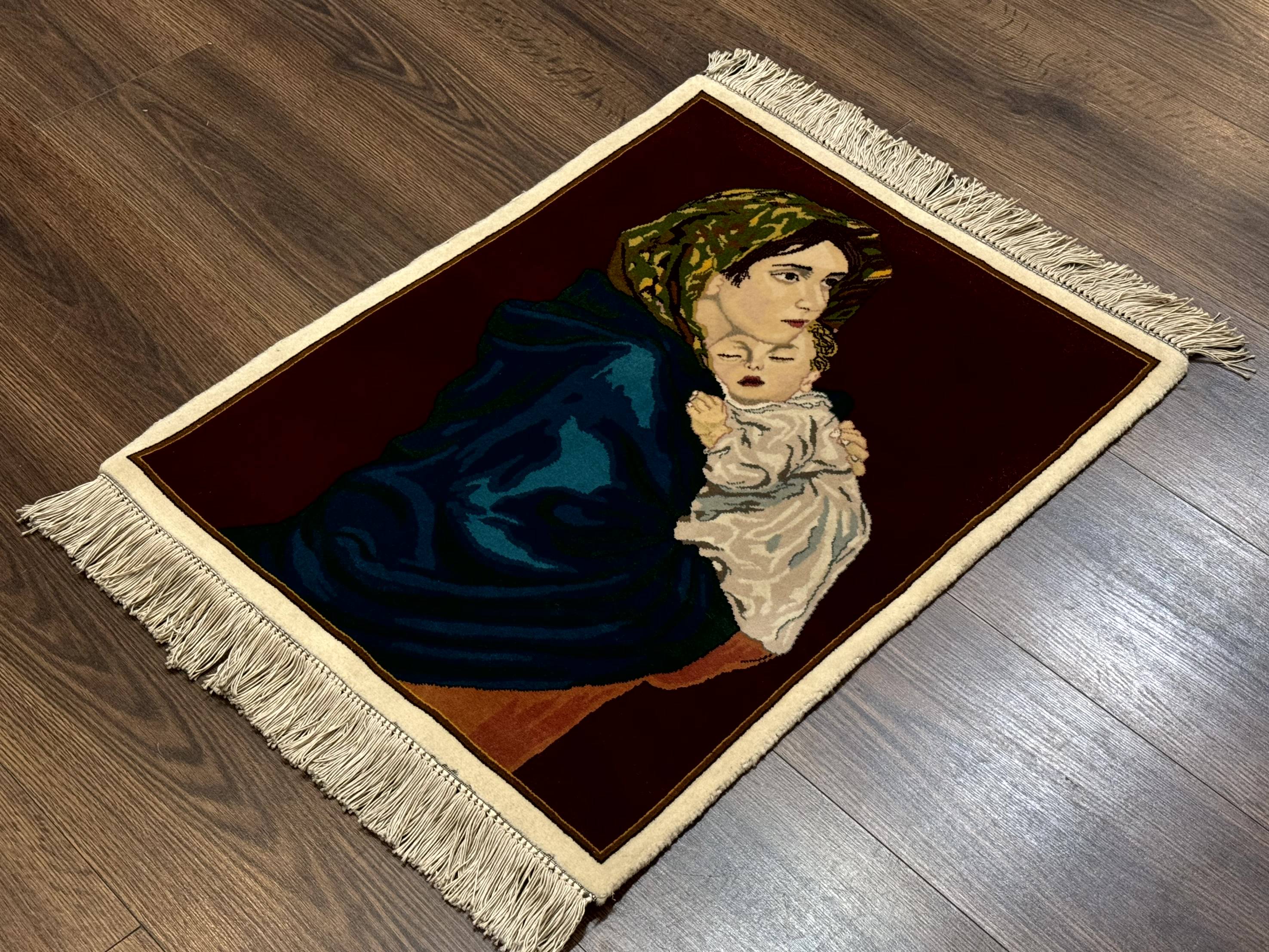 Small Persian Tabriz Pictorial Rug 2x2, Mother Holding Child, Very Fine 340 KPSI, Maroon - Jewel Rugs