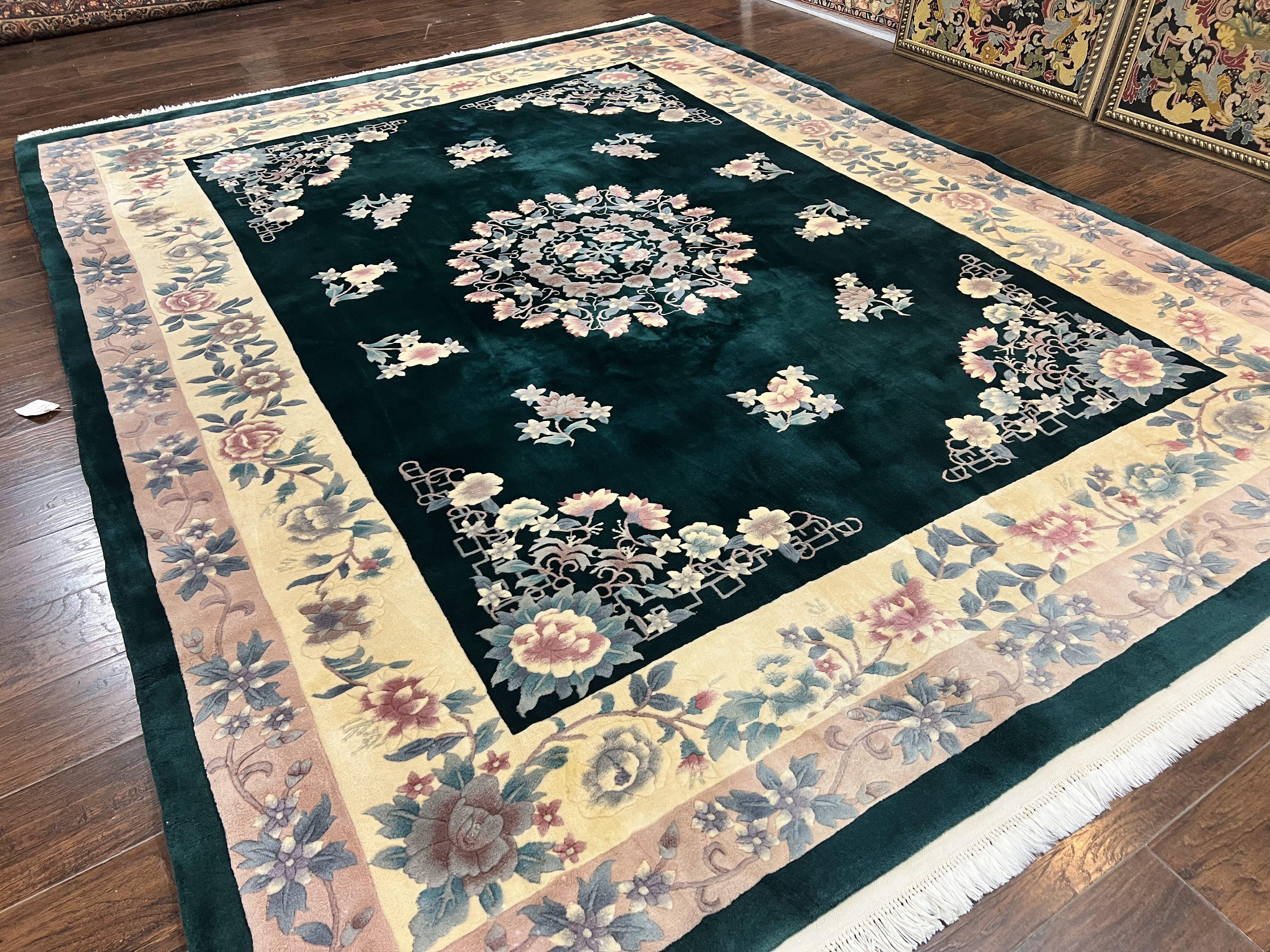 Chinese Art Deco Rug 9x12, Wool Hand Knotted Vintage Carpet, Dark Green & Cream, 90 Line Carving Rug - Jewel Rugs