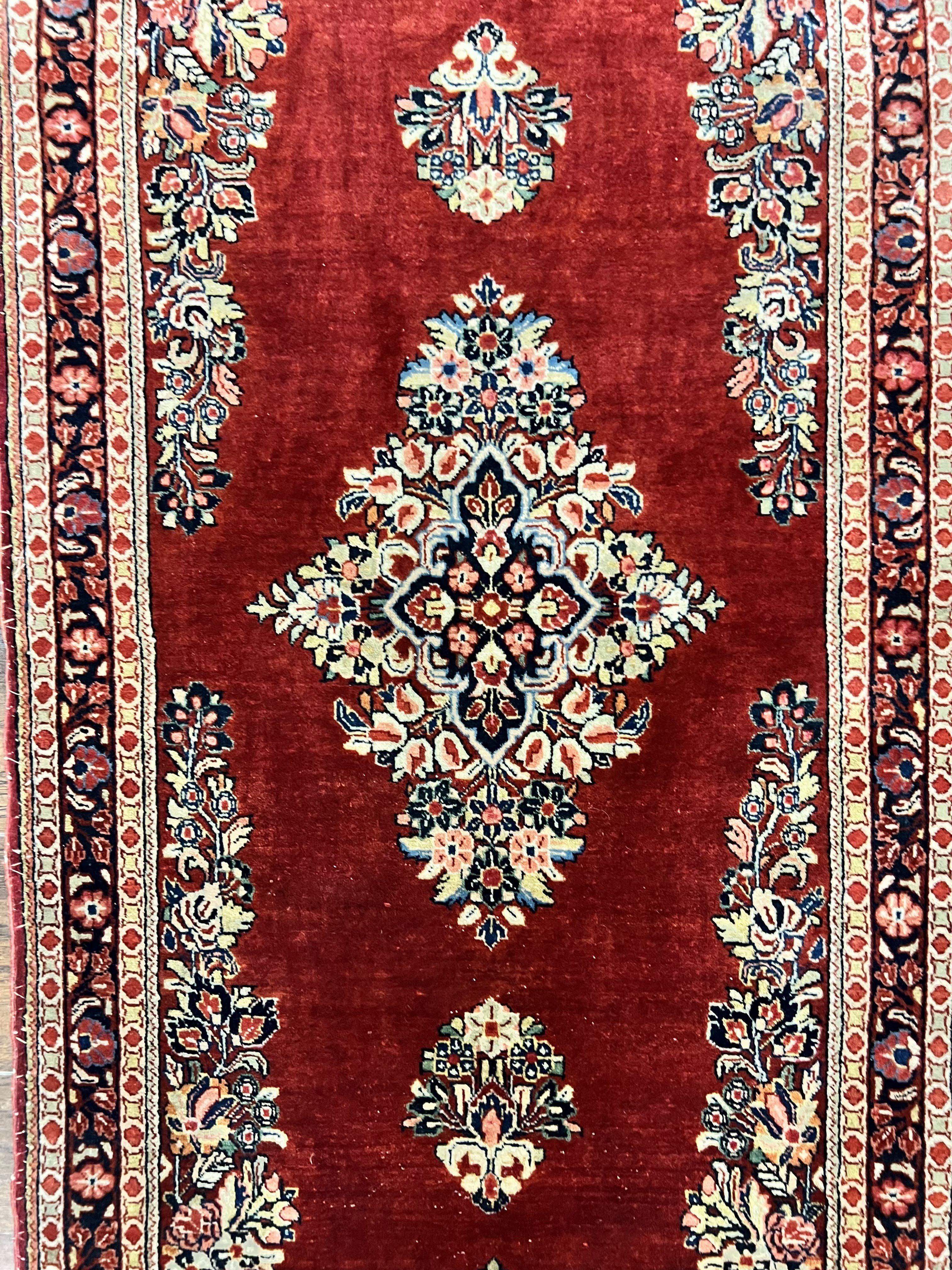 Persian Sarouk Runner Rug 2.7 x 6, Semi Open Field, Red, Handmade Hand Knotted, Wool Oriental Carpet, Vintage Semi Antique - Jewel Rugs