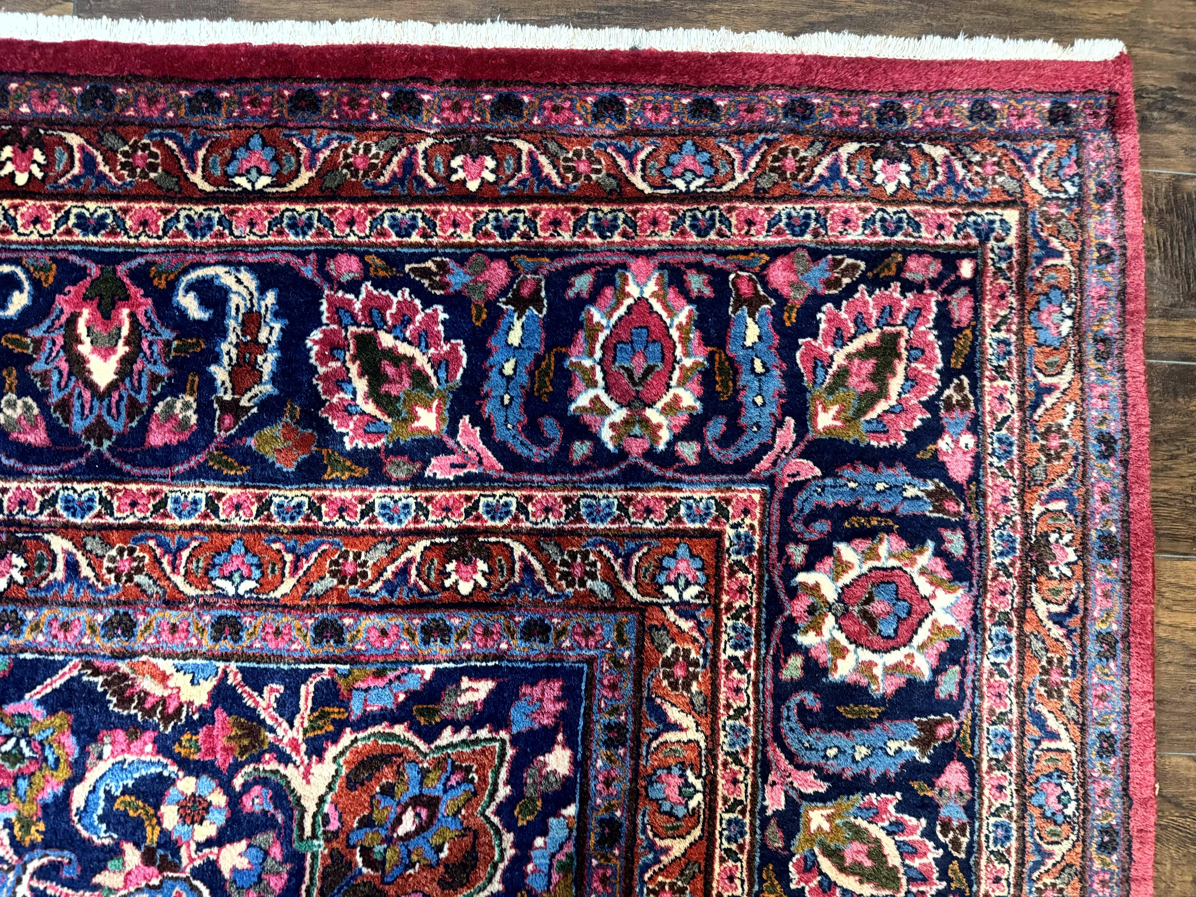 Antique Persian Mashad Rug 10x13, Red and Navy Blue, Great Colors, Signed By Masterweaver, Floral Medallion, Handmade Wool Persian Carpet - Jewel Rugs