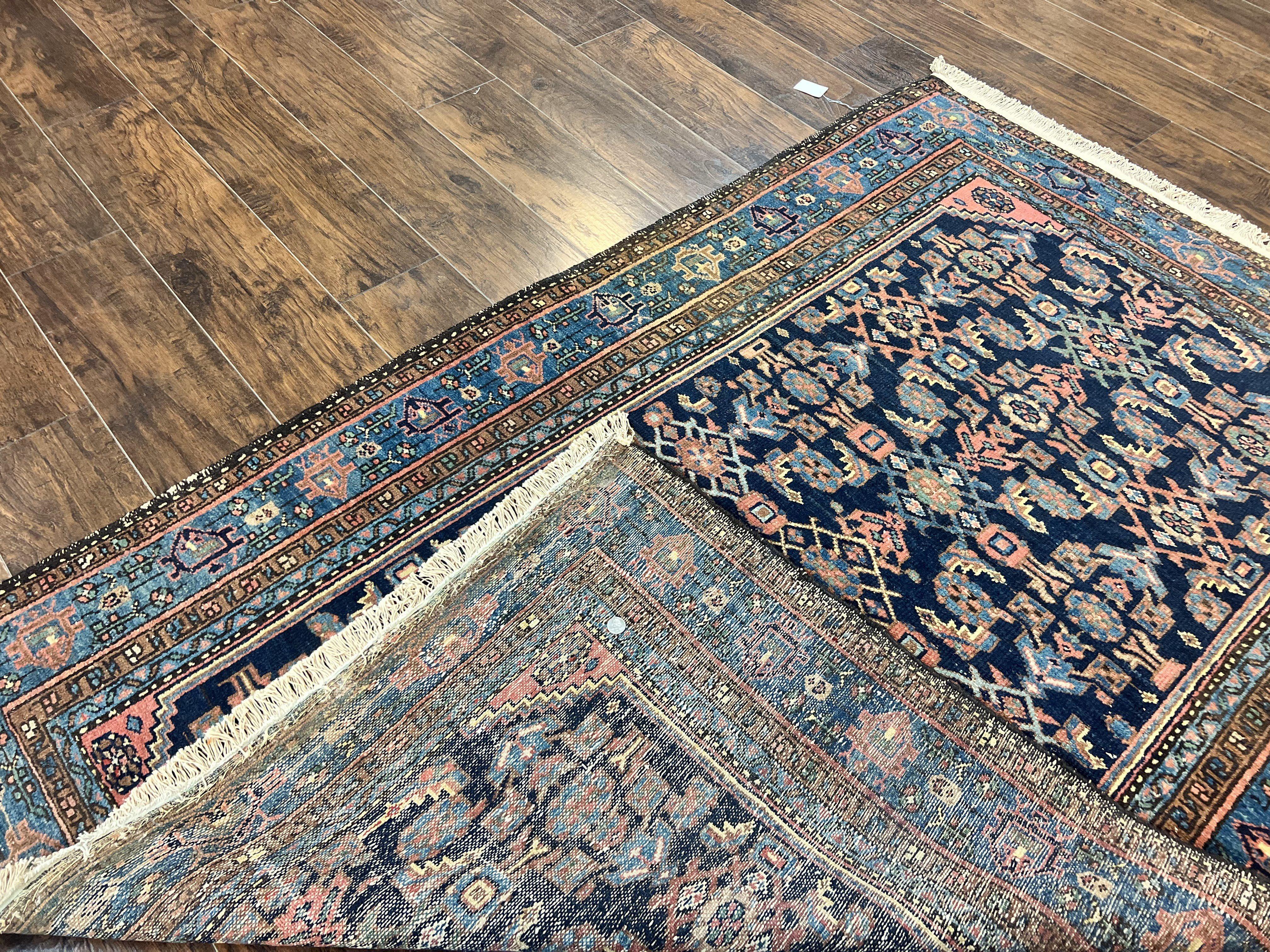 Antique Persian Tribal Rug 5x7, Navy Blue & Pink, Hand Knotted Handmade 1920s Wool Rug, Allover Pattern, Persian Hamadan Rug - Jewel Rugs