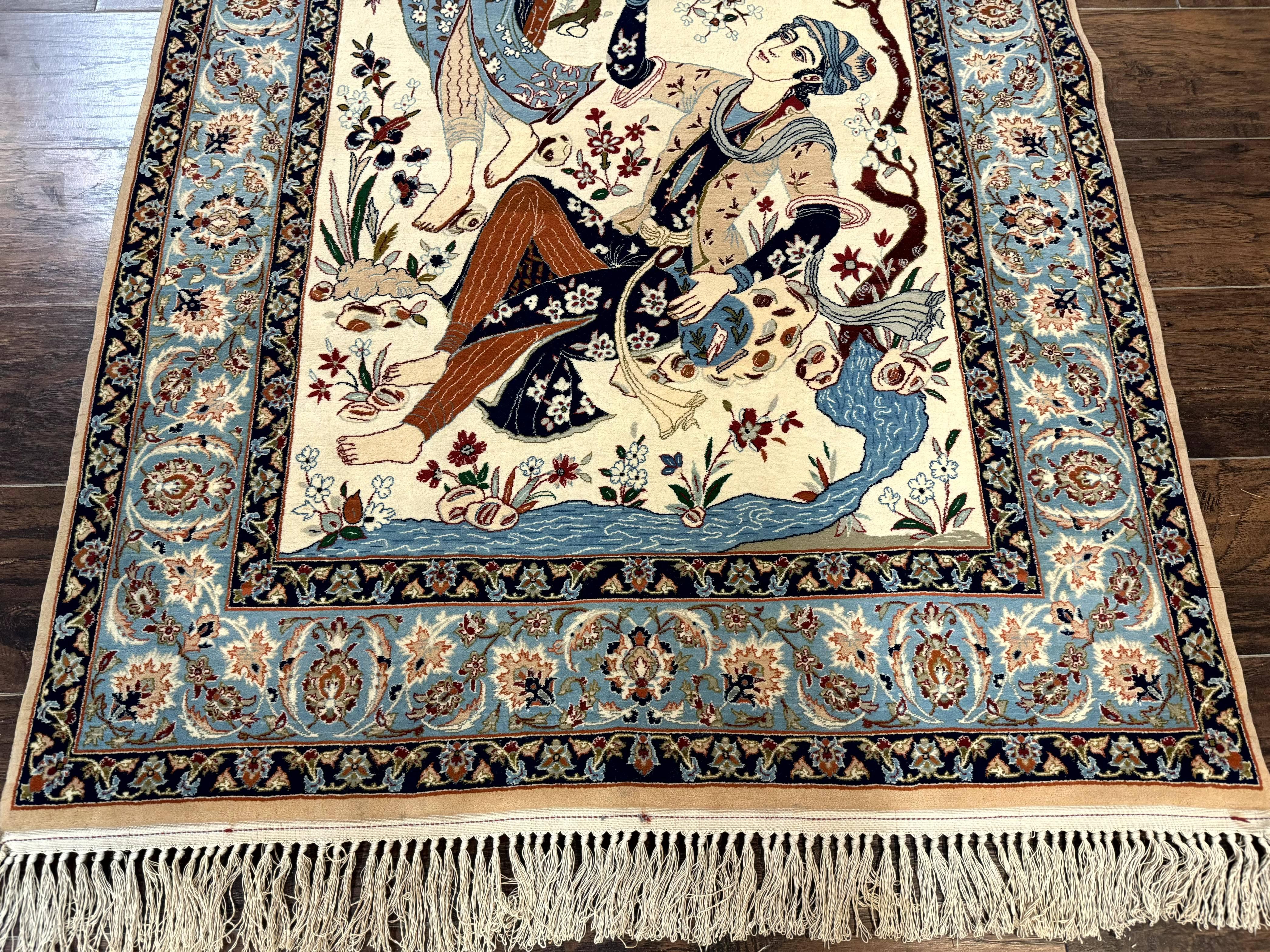 Persian Isfahan Pictorial Rug, Two Lovers, Kork Wool on Silk Foundation, Ivory and Light Blue, 500 KPSI Super Fine - Jewel Rugs