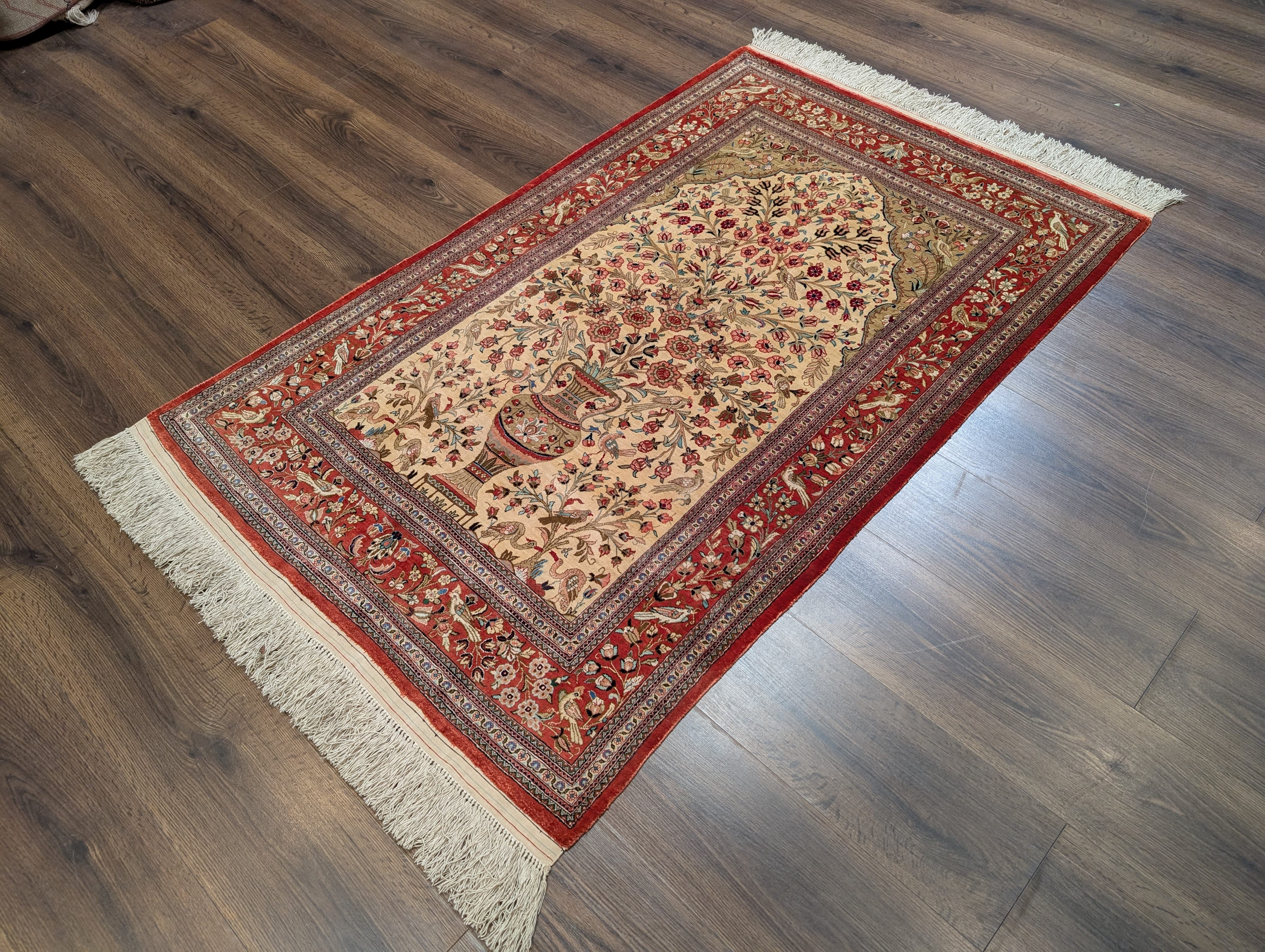 Silk Qum Persian Rug 3x5 – Tree of Life Design with Birds & Vase, 630 KPSI - Jewel Rugs