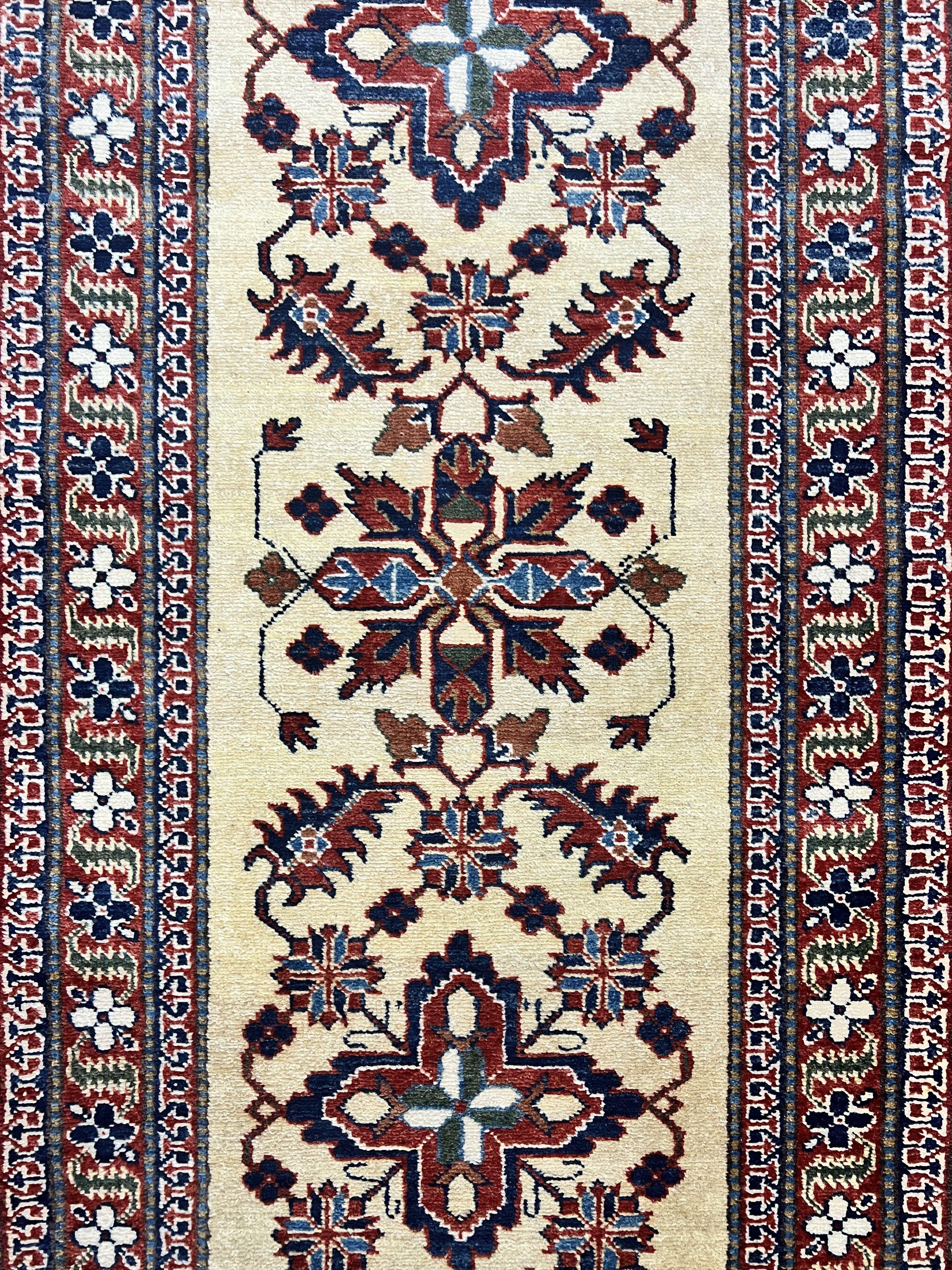 Afghan Heriz Runner Rug 2.9 x 12, Vintage Hand Knotted Persian Carpet for Hallway, 12ft Runner, Wool, Cream - Jewel Rugs
