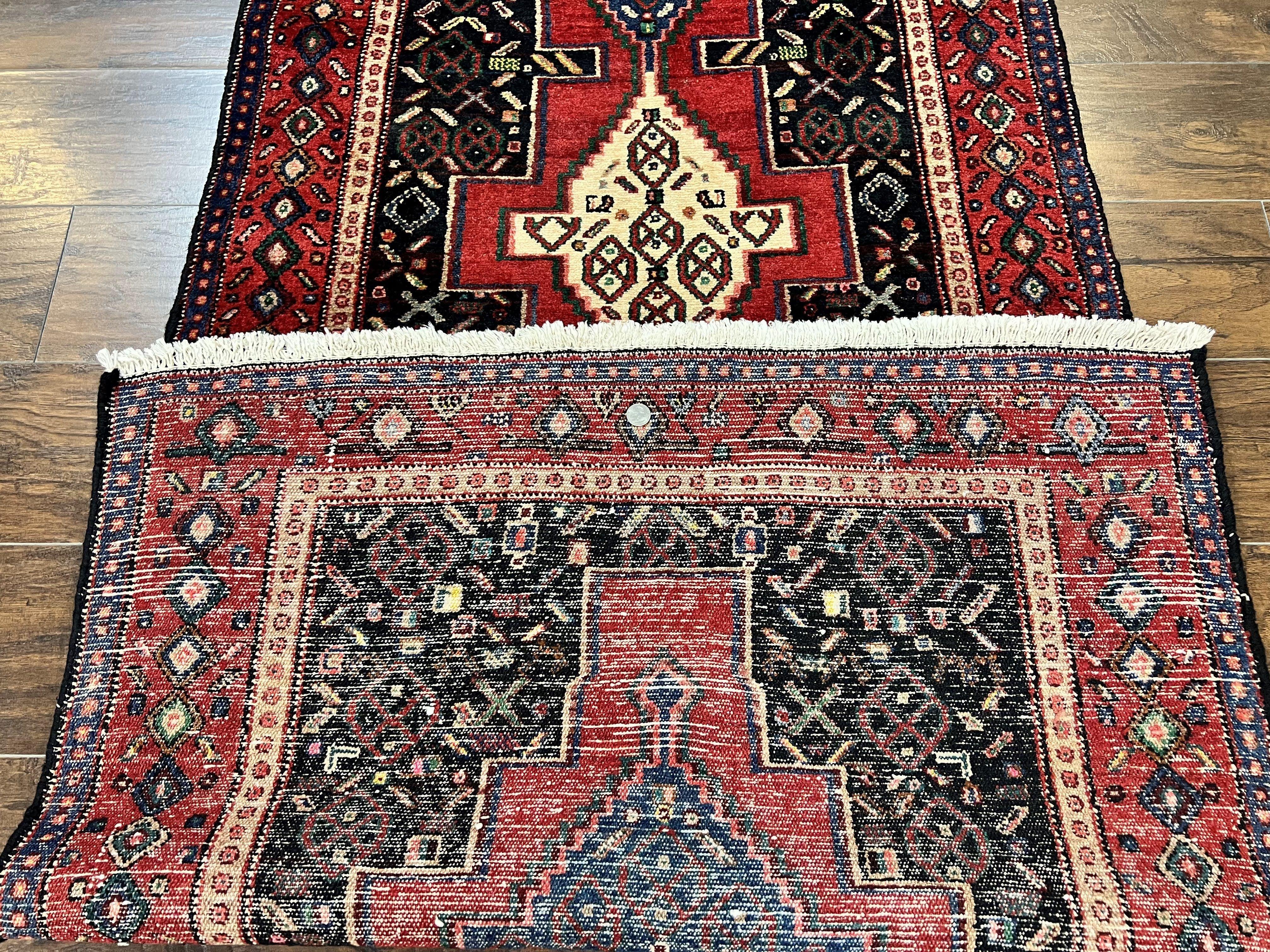 Persian Kurdish Senneh Runner Rug 3x9, Red Navy Blue, Medallions Wool Tribal Runner for Kitchen/Hallway 9ft Antique Handmade Oriental Runner - Jewel Rugs