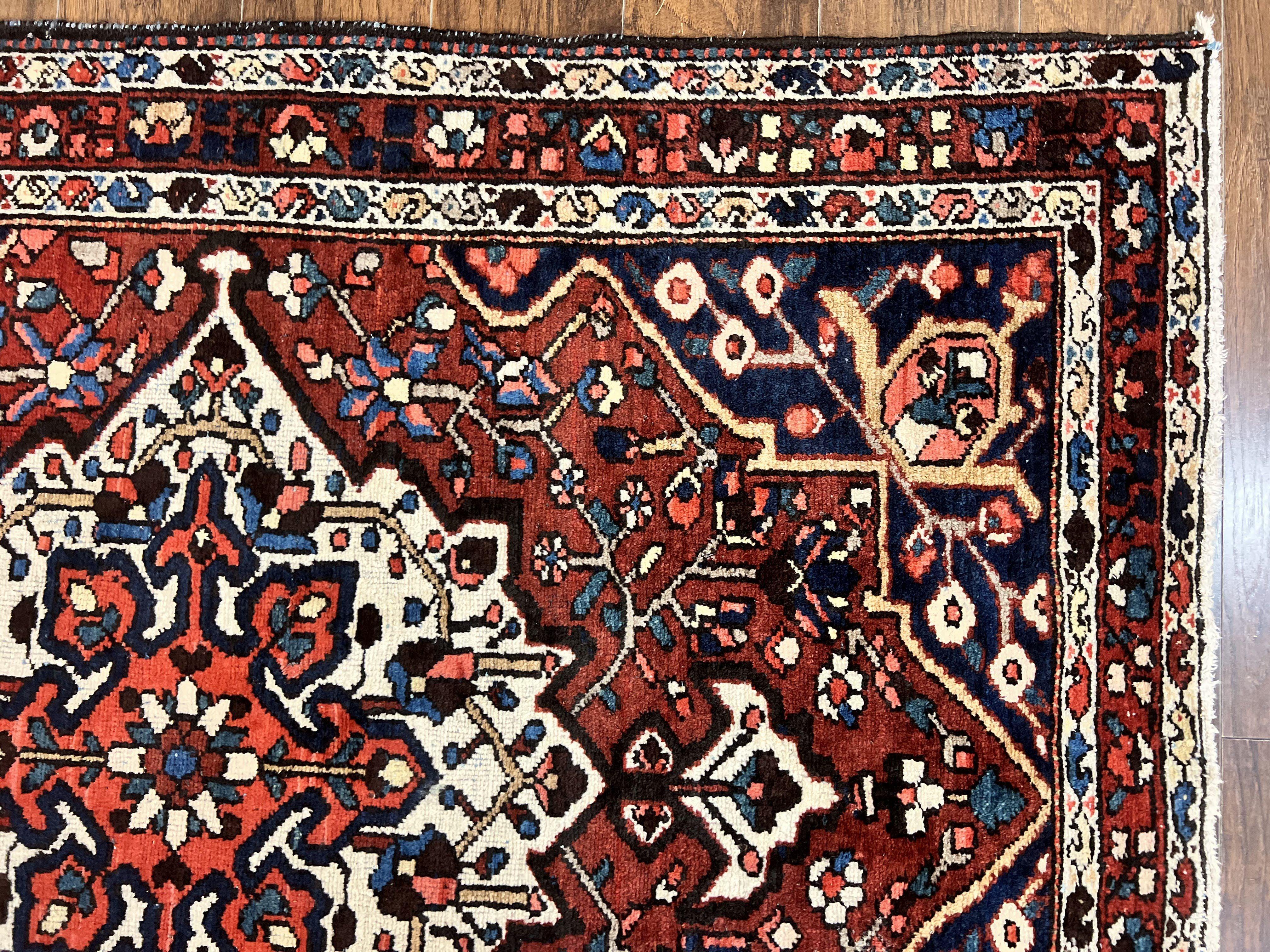 Persian Bakhtiari Rug 5 x 6.6, Tribal Geometric Carpet, Red Ivory, Handmade Wool Medium Sized Oriental Rug, Semi Antique Vintage - Jewel Rugs