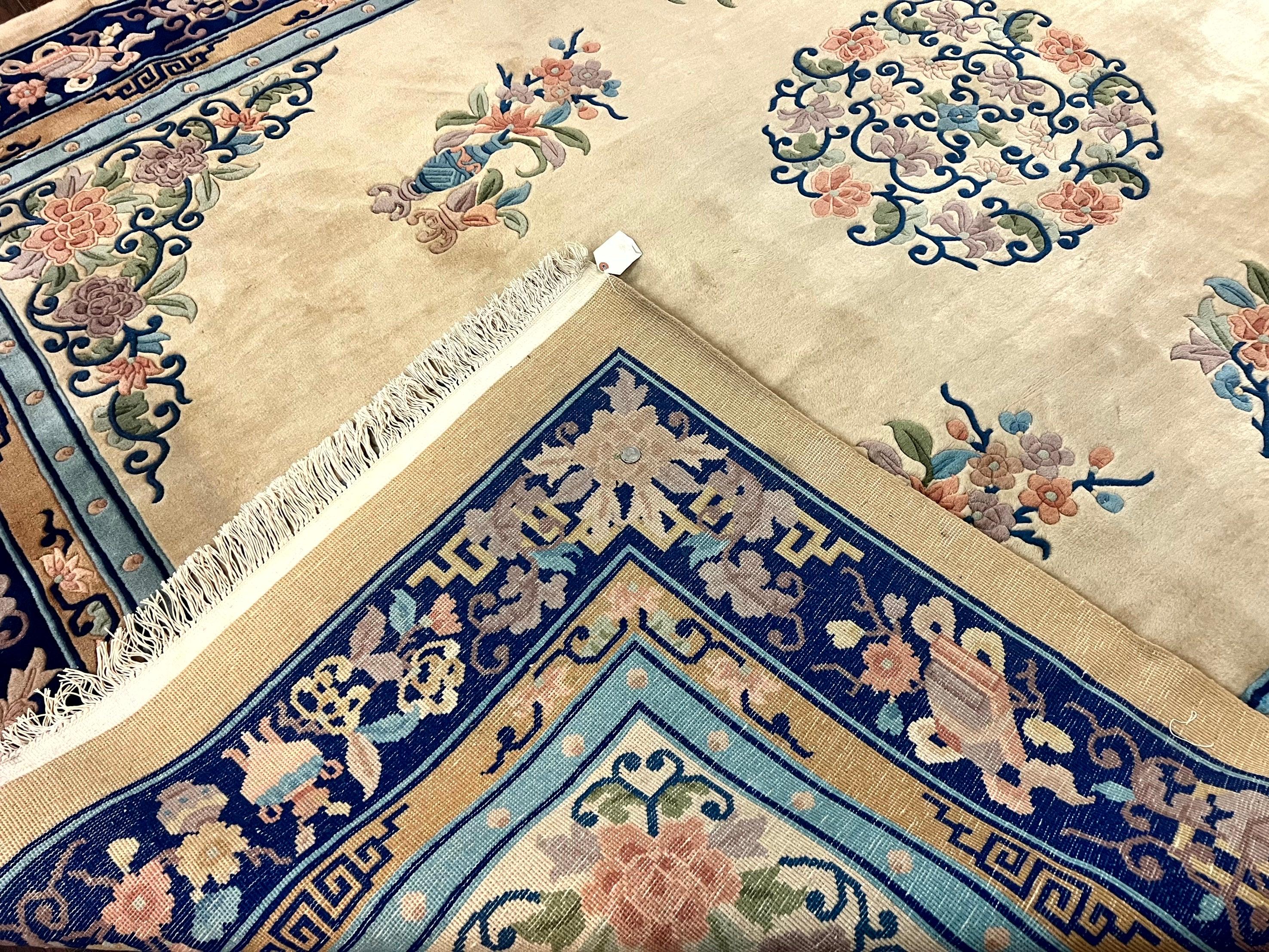 Chinese Wool Rug 8x11, Peking Asian Oriental Carpet, Cream/Ivory and Blue, Vintage Handmade Rug, Art Deco Rug - Jewel Rugs