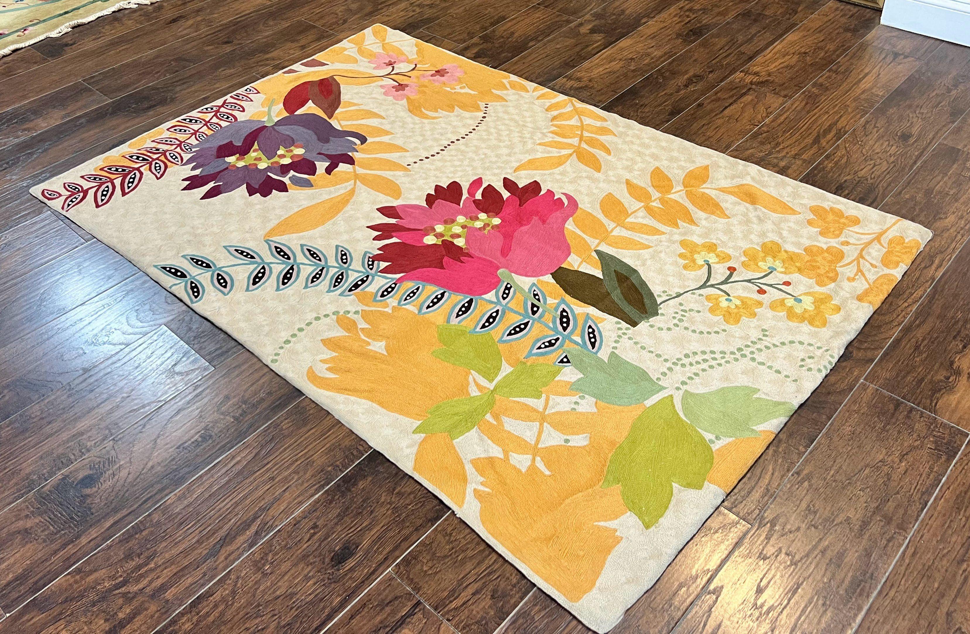 Indian Hand Stitched Rug 4x6, Floral, Silk, Large Floral Design - Jewel Rugs