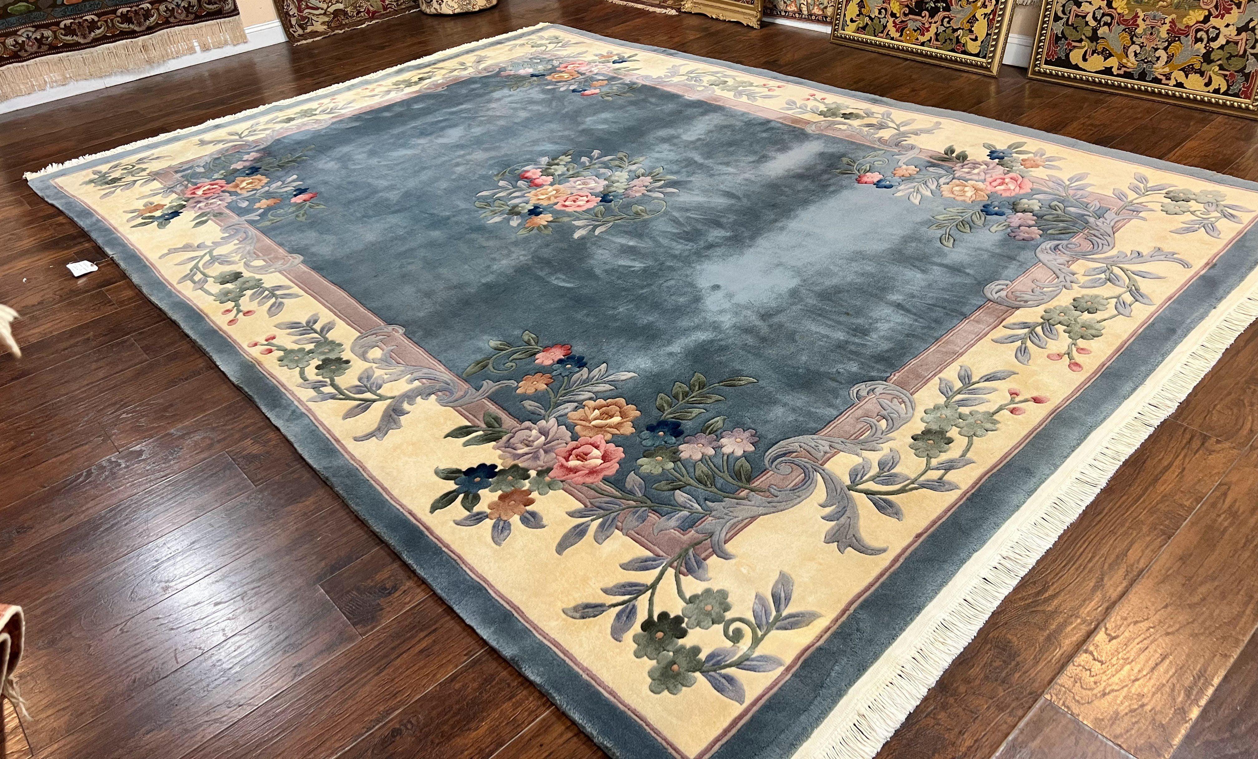 Chinese Wool Rug 10x13, Art Deco Carpet, Chinese Oriental 90 Line Carving Rug 10 x 13, Steel Blue and Cream, Soft, Handmade Vintage Rug - Jewel Rugs