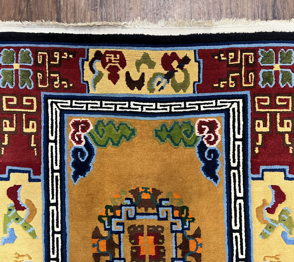 Vintage Chinese Art Deco Rug 3x6, Orange Dark Blue Maroon Chinese Peking Carpet, Asian Oriental Wool Rug, Bold Colors, Bedroom Rug, Hallway