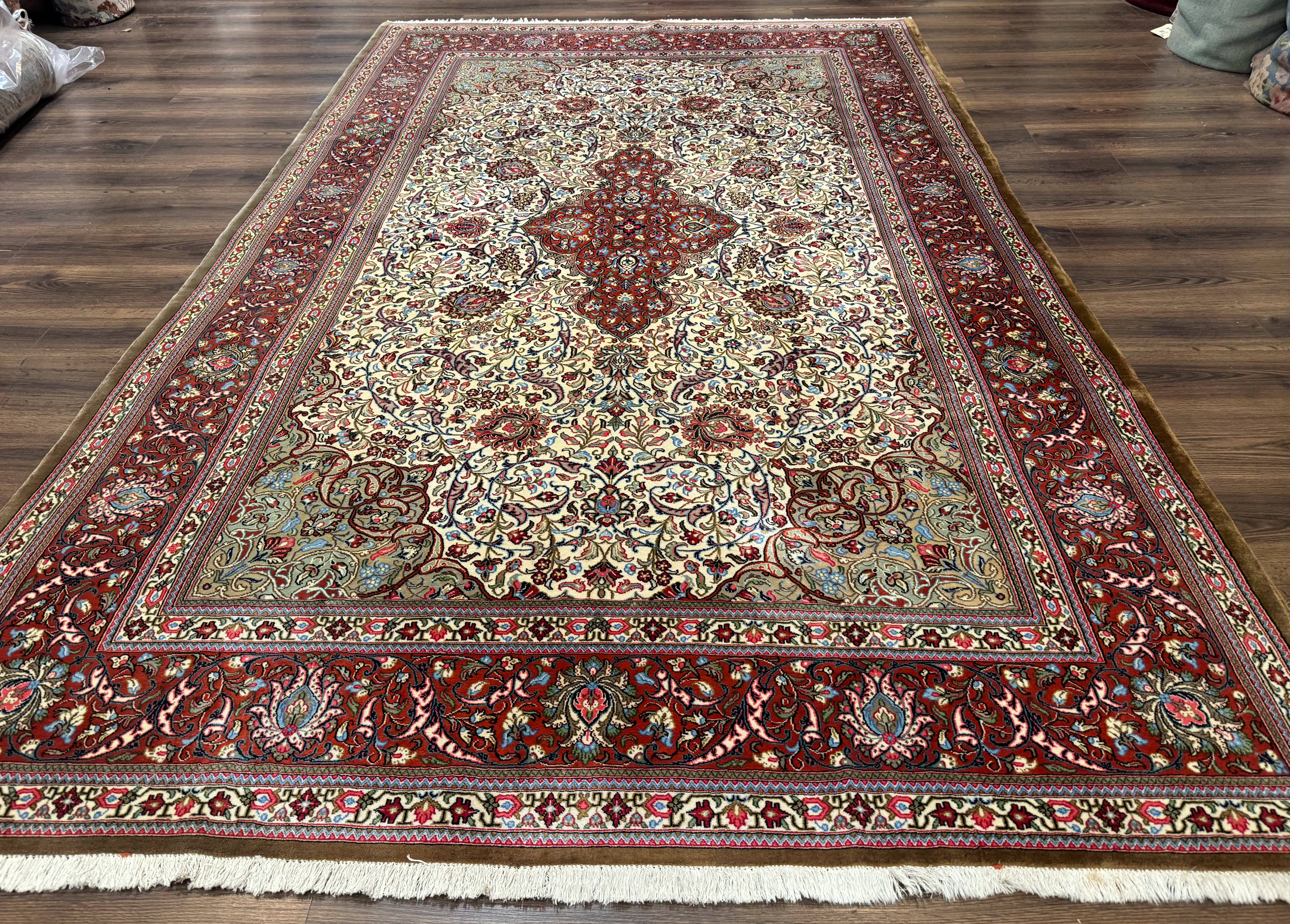 Persian Qum Rug 7x11, Beige and Red, Highly Detailed Floral Pattern, Fine 260 KPSI - Jewel Rugs