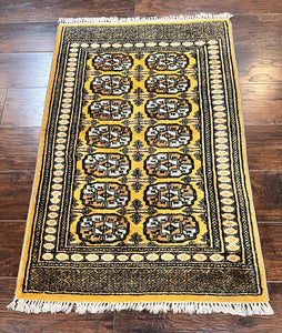 Small Pakistani Bokhara Rug 2.8 x 4, Unique Mustard Color, Hand Knotted Vintage Handmade Wool Turkoman Carpet, Traditional Area Rug
