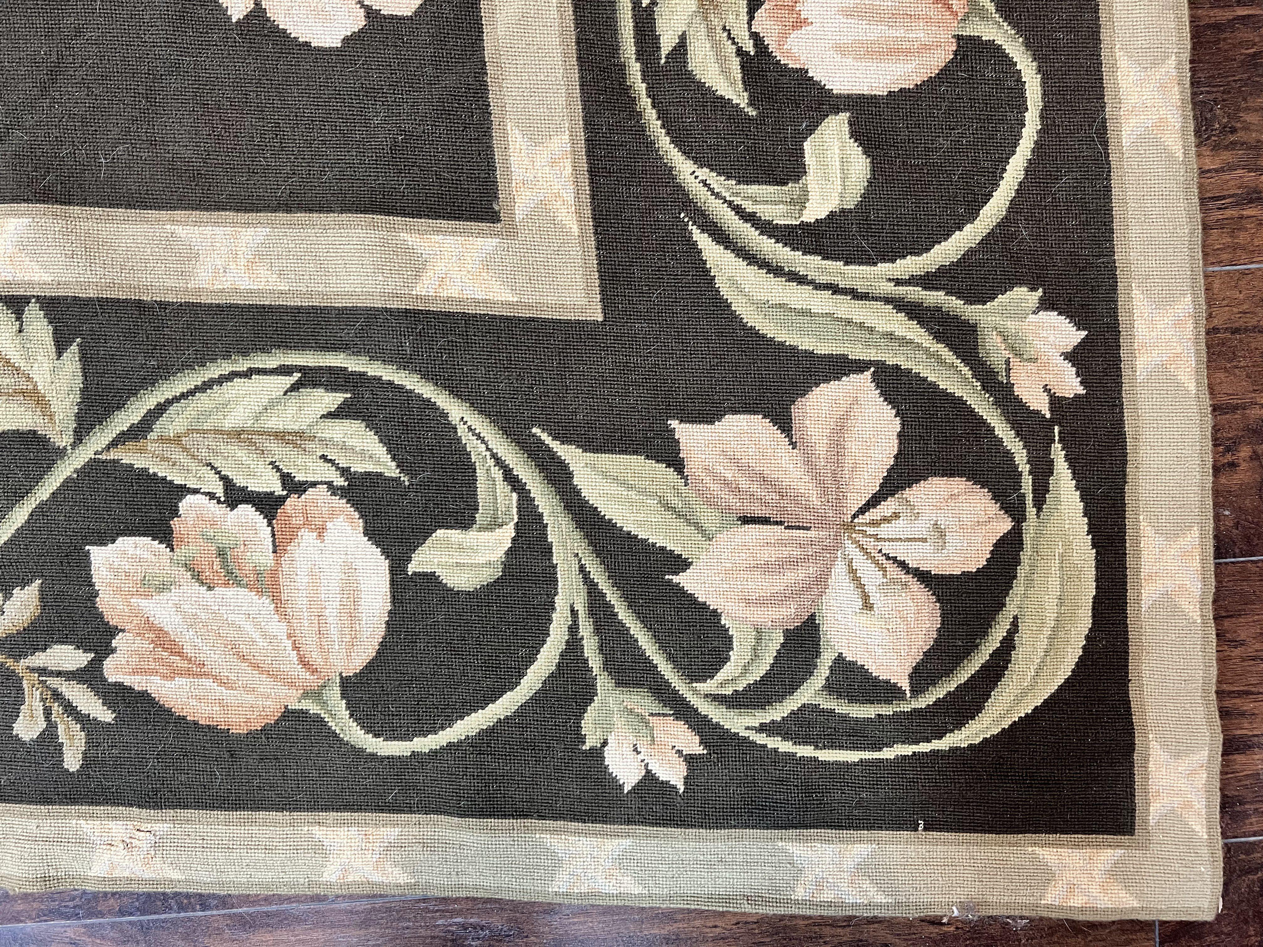 Large Needlepoint Rug 11x16, Dark Green Floral Elegant European Design Vintage Wool Handmade Carpet, Palace Size Rug - Jewel Rugs