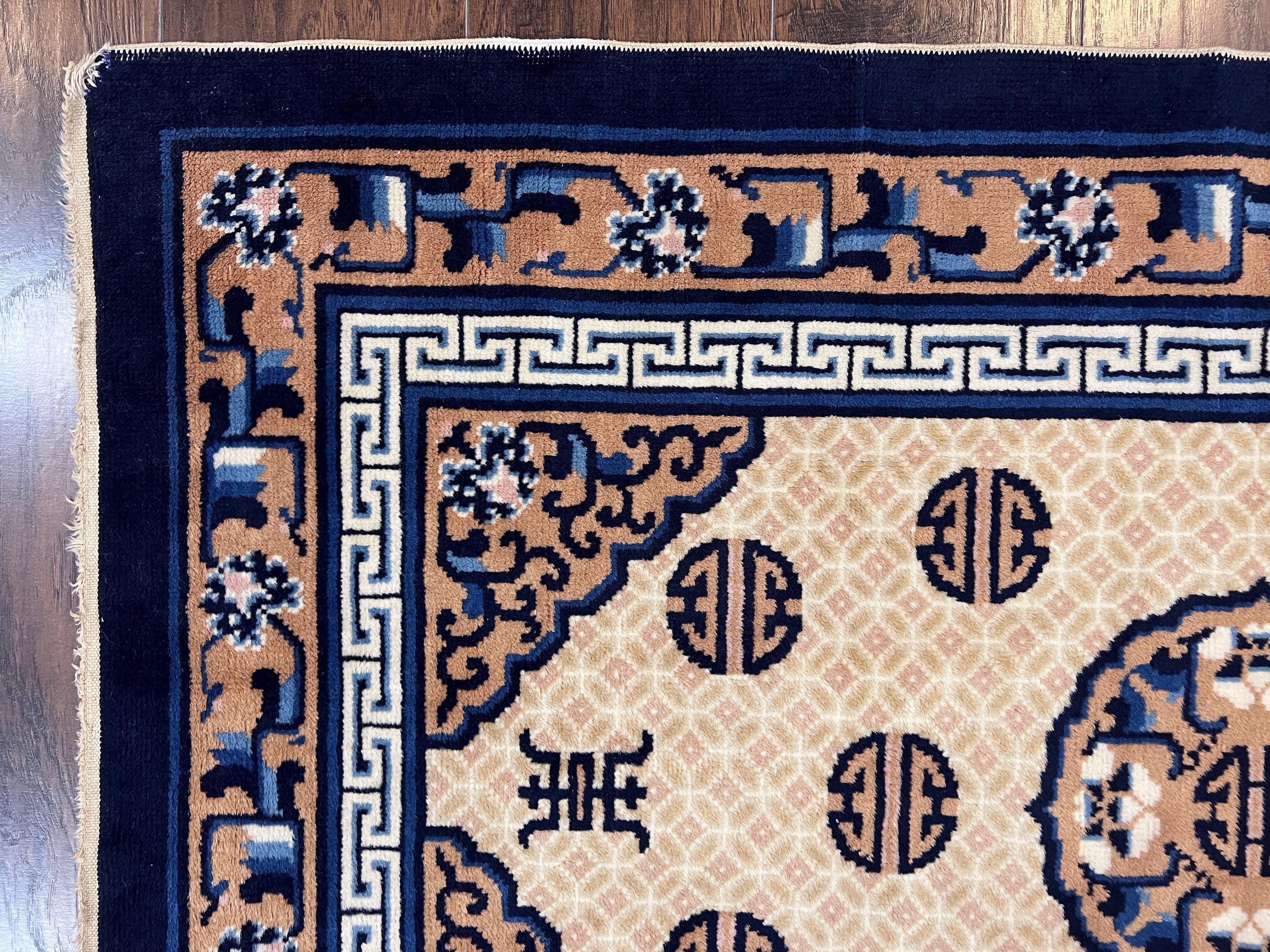 Chinese Peking Rug 3x5, Antique Chinese Art Deco Carpet, Blue Ivory Tan, Hand Knotted Wool Asian Oriental Rug 3 x 5 Vintage Small Peking Rug - Jewel Rugs