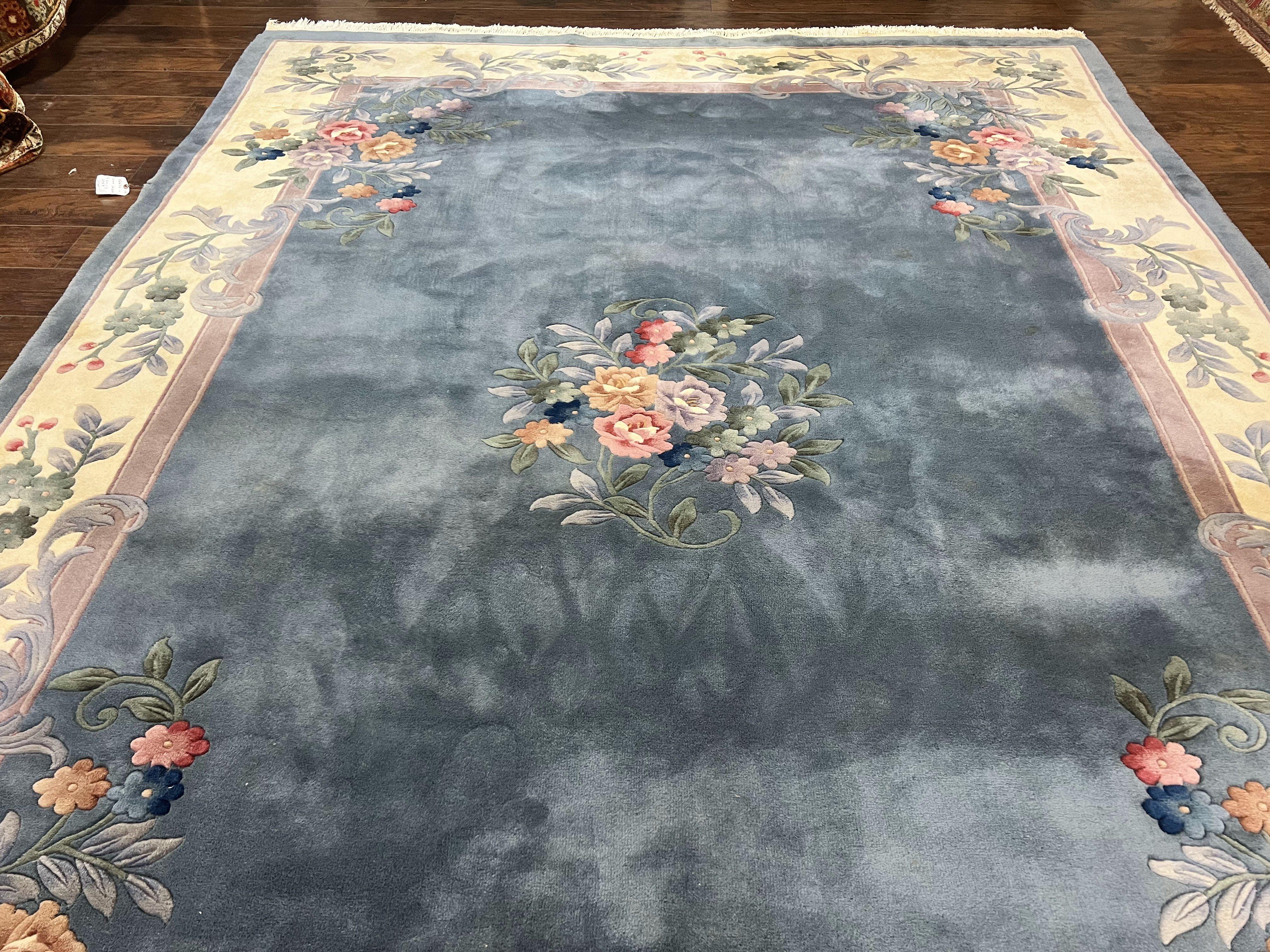 Chinese Wool Rug 10x13, Art Deco Carpet, Chinese Oriental 90 Line Carving Rug 10 x 13, Steel Blue and Cream, Soft, Handmade Vintage Rug - Jewel Rugs