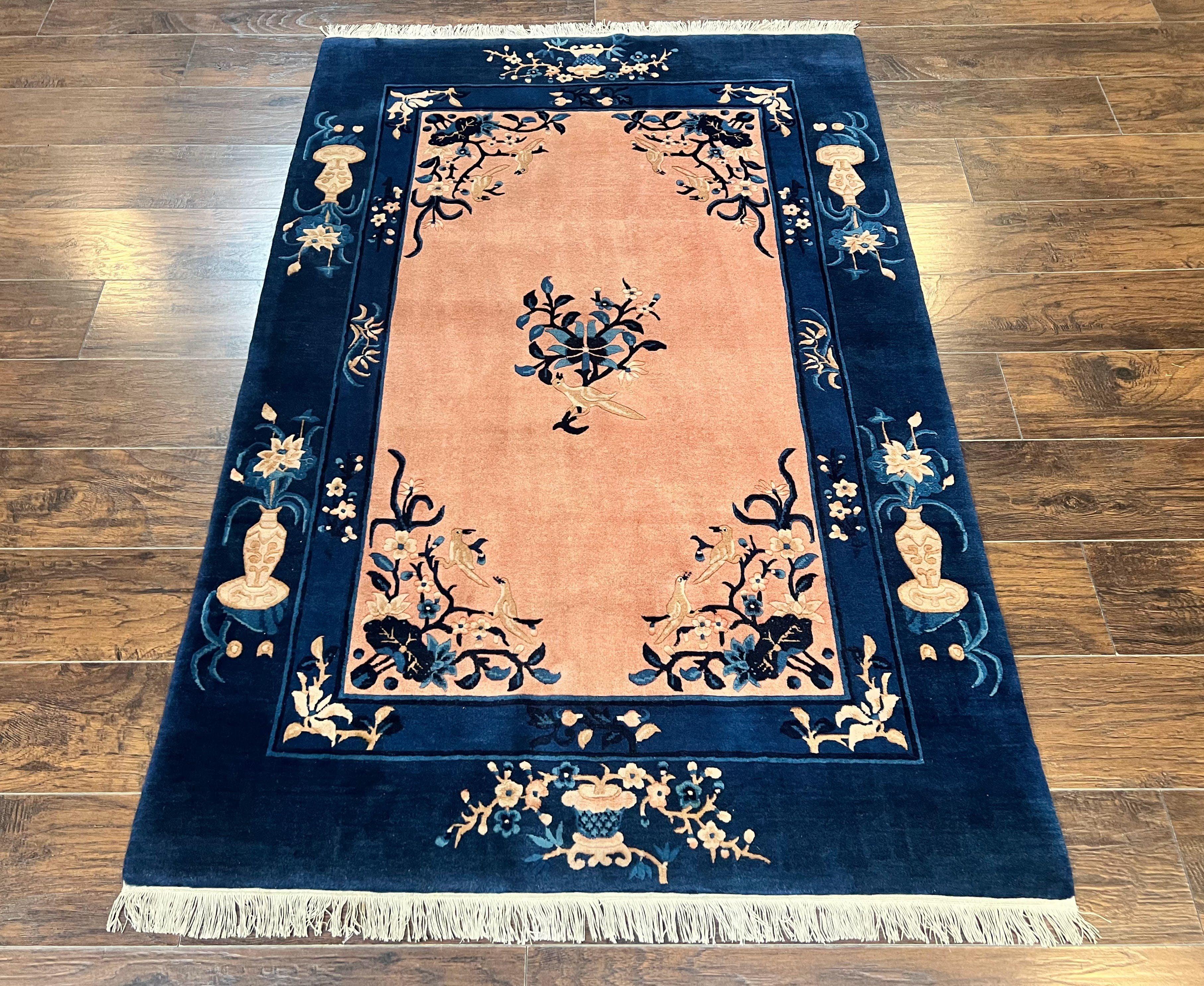 Antique Chinese Peking Rug 4x6, Vases & Bird Motifs, Navy Blue, Handmade Wool Asian Oriental Art Deco Carpet - Jewel Rugs