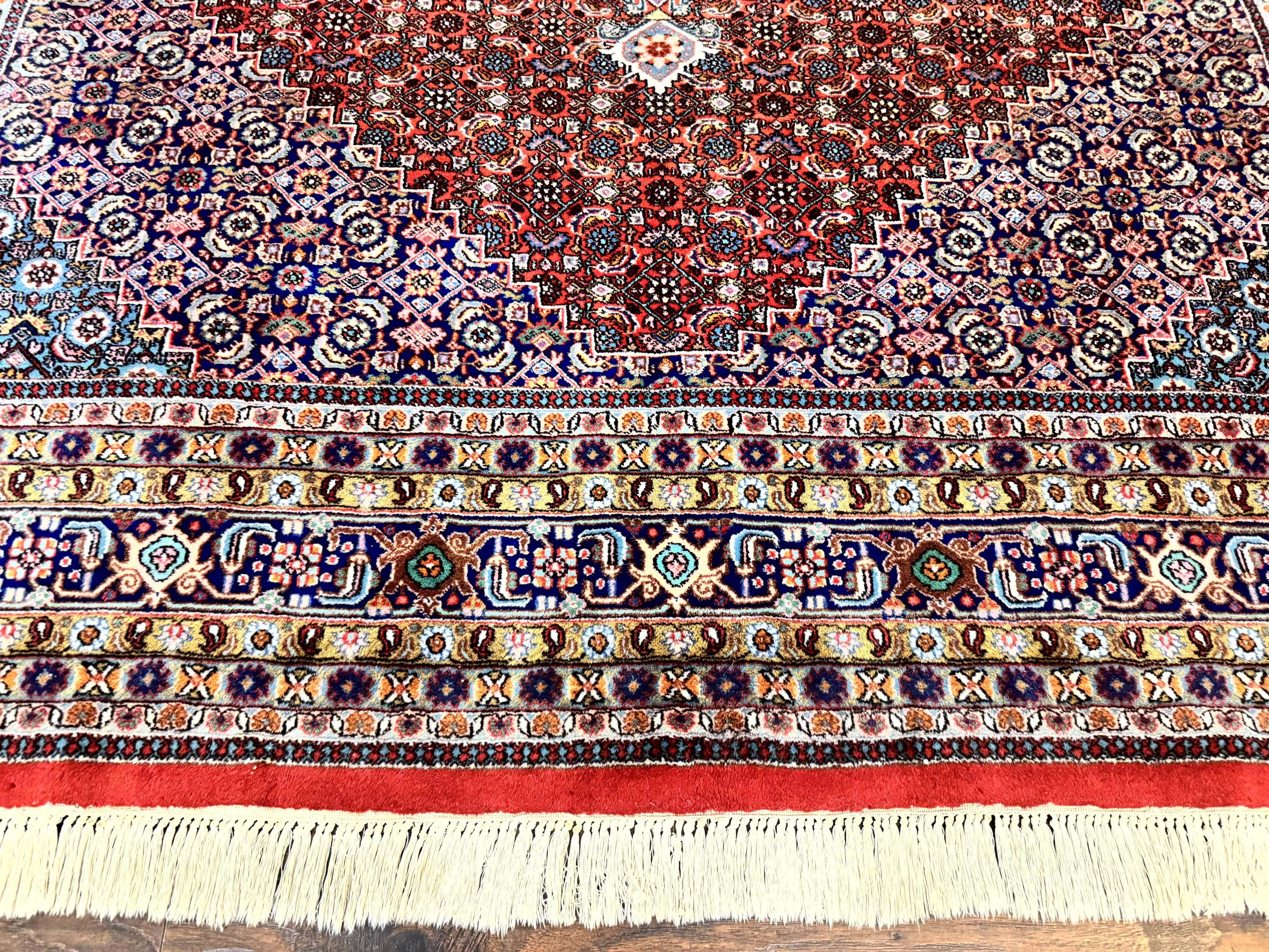 Indo Persian Bidjar Rug 8x10, Red Navy Blue, Herati Mahi Pattern, Vintage Handmade Wool Carpet - Jewel Rugs