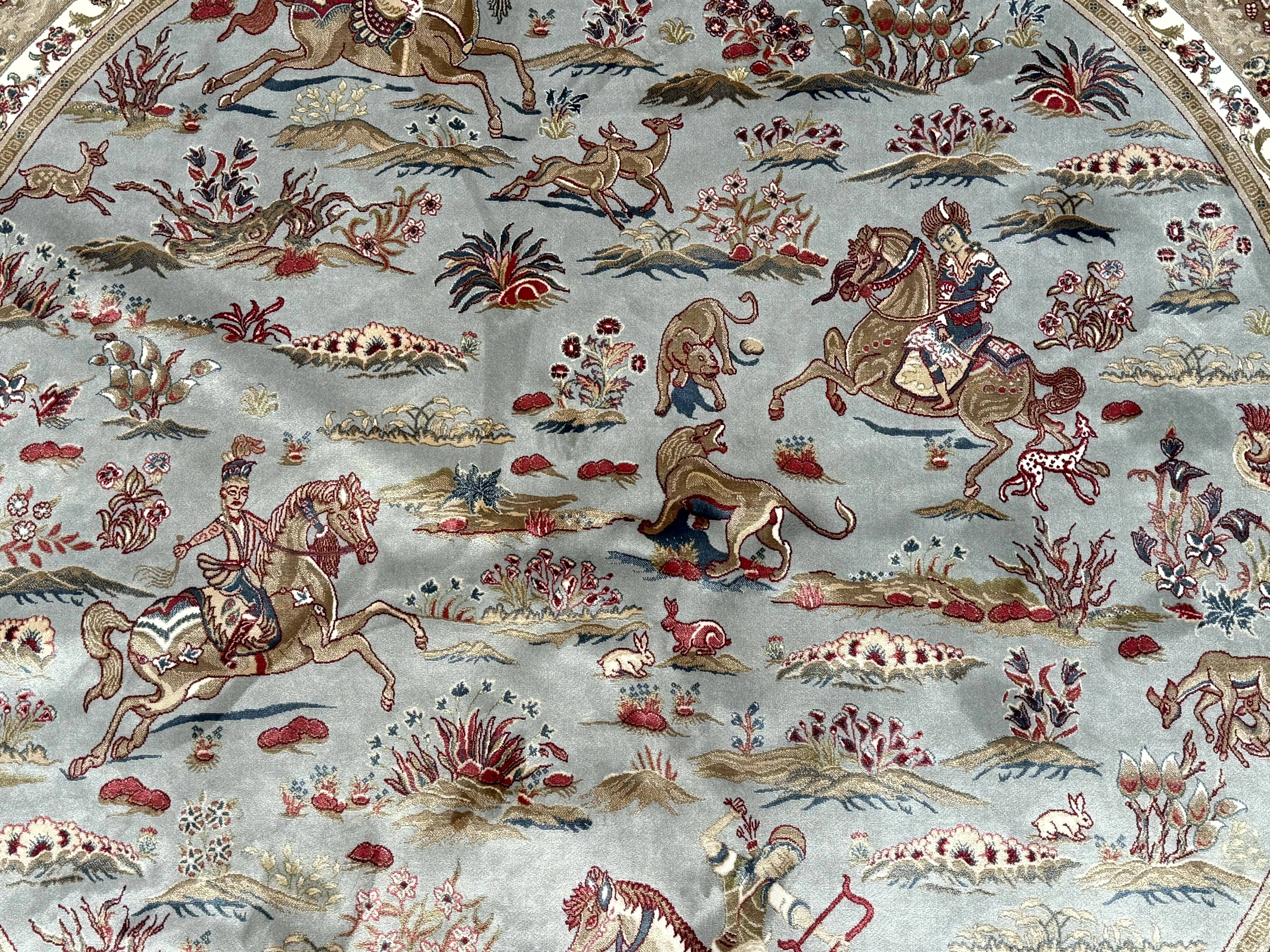 Round Silk Rug 6x6, Hunting Design, Bamboo Silk, Animal Pictorials - Jewel Rugs
