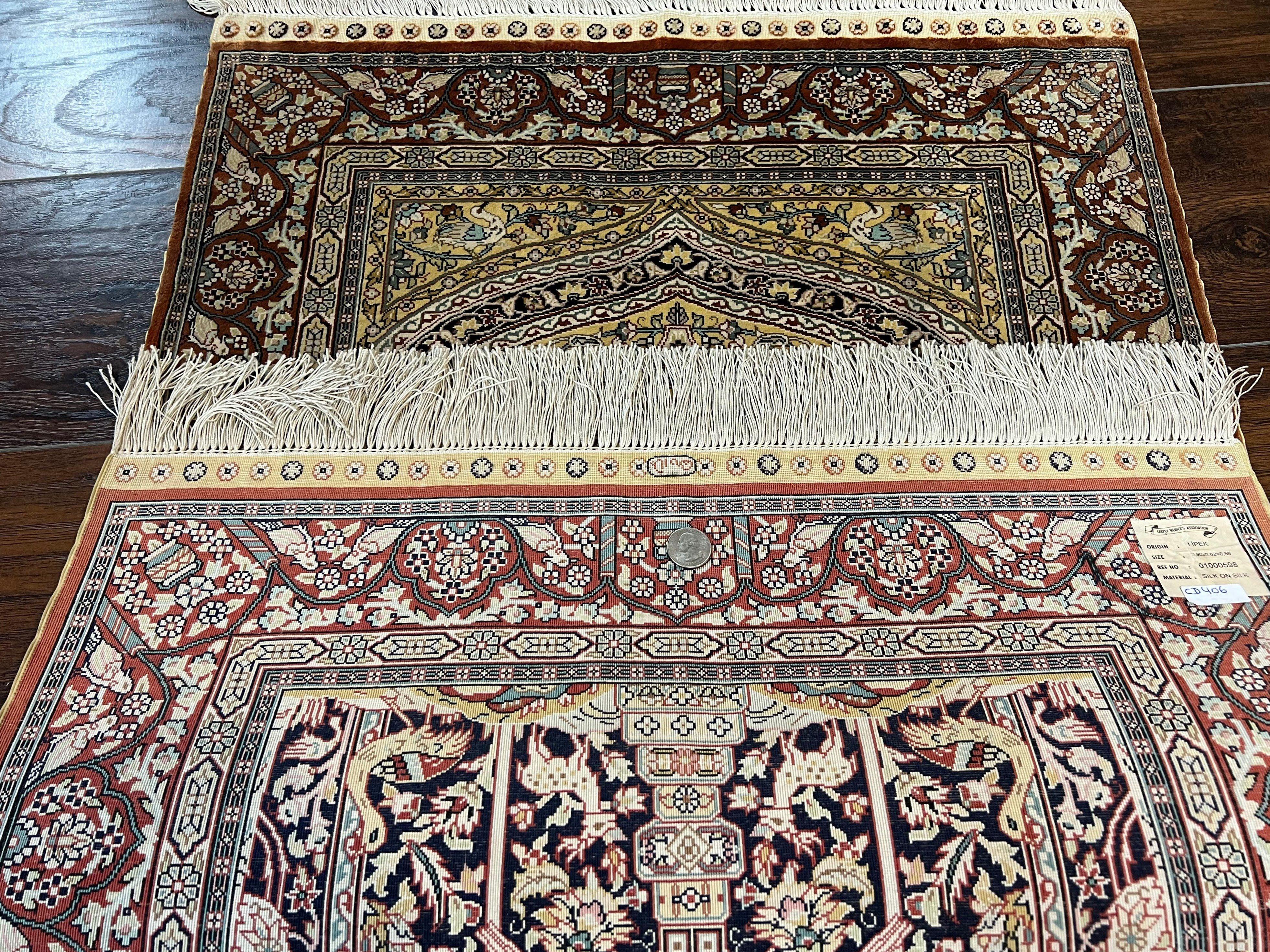 Turkish Silk Hereke Rug 2x3, Floral Vase Tree of Life Birds, Silk Pile on Silk Foundation, Vintage Oriental Carpet, Very Fine, Signature - Jewel Rugs