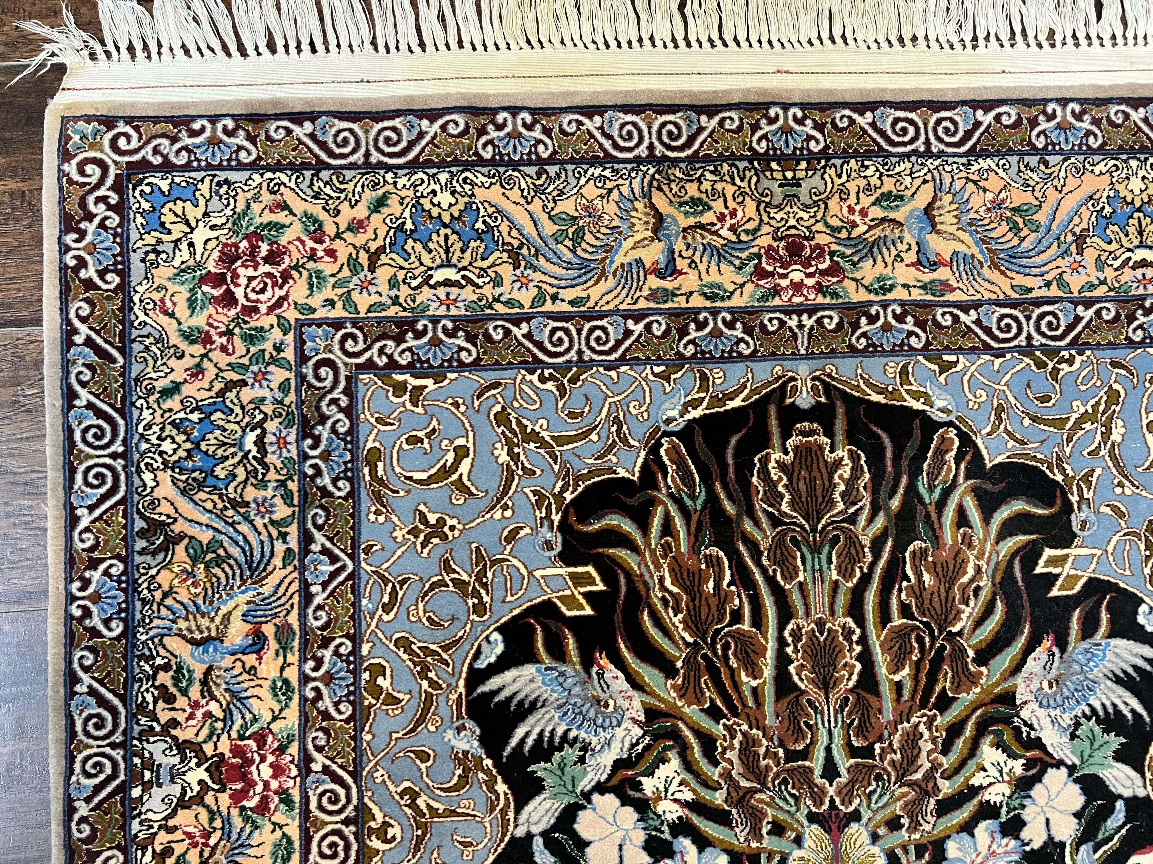 Wonderful Persian Isfahan Rug 3.7 x 5, Kork Wool on Silk Foundation, Very Fine 460 KPSI, Tree of Life Persian Vase Design Animal Pictorials Peacocks - Jewel Rugs