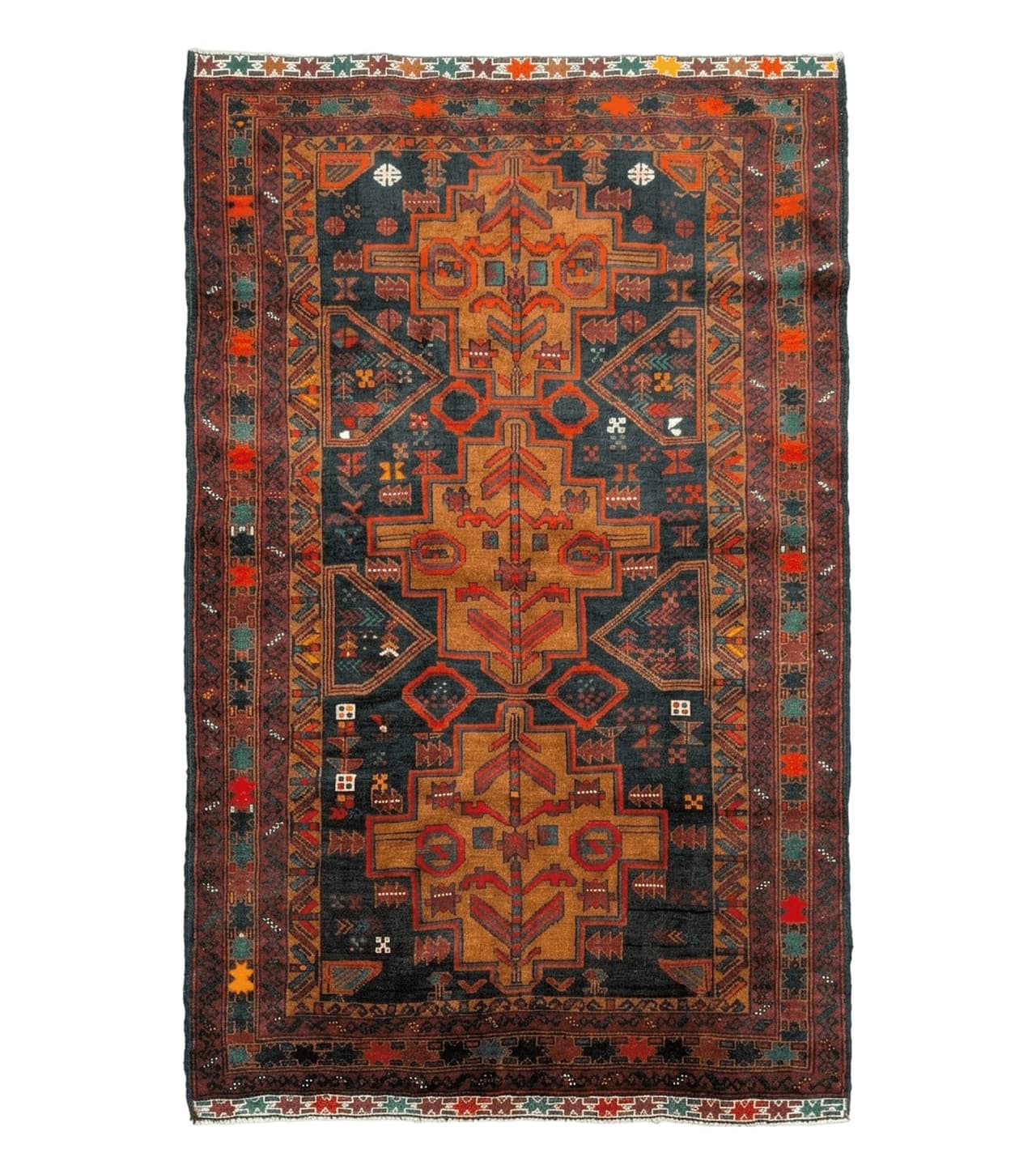 Afghan Baluch Rug 4x6, Tribal, Geometric, Unique Colors, Triple