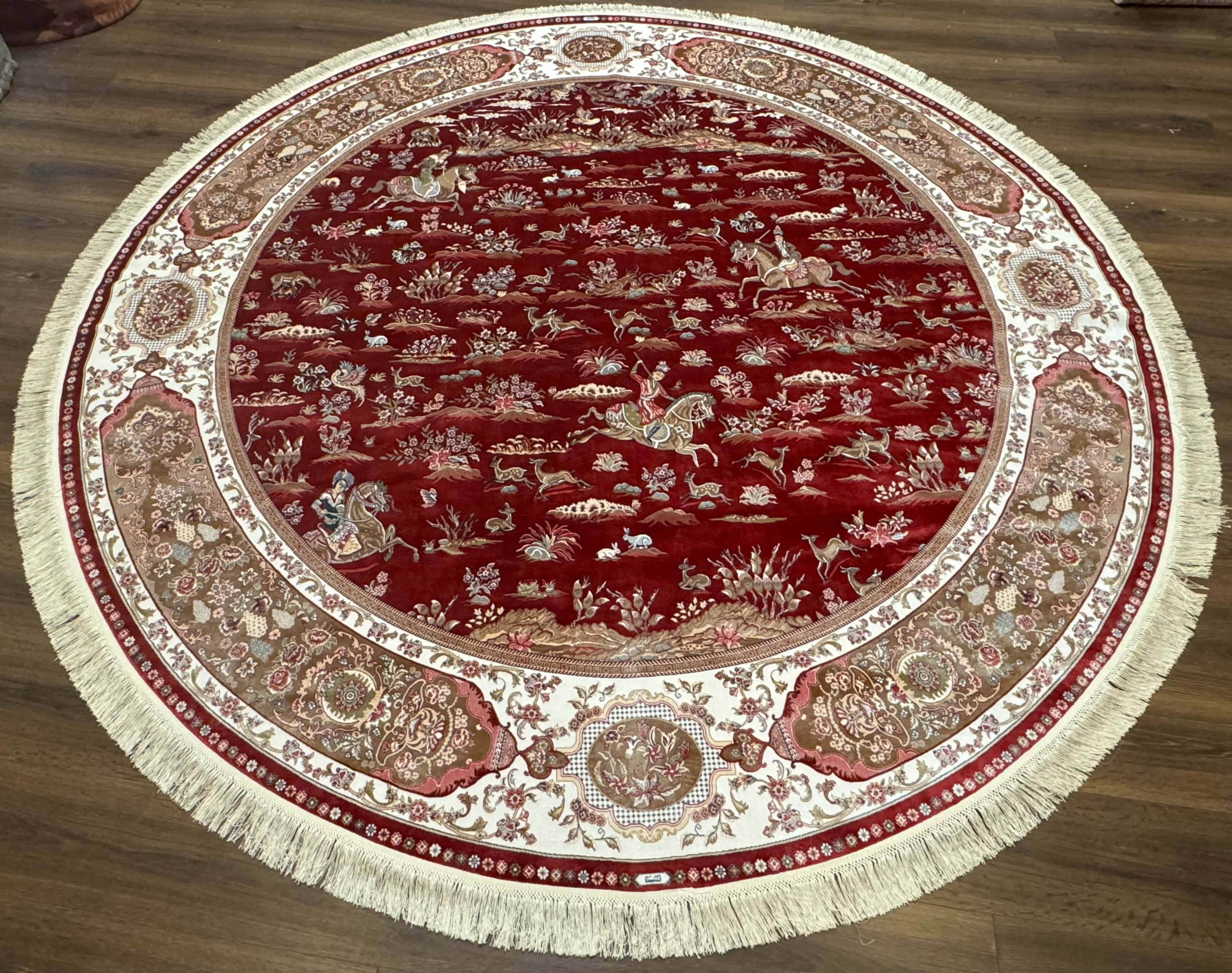 Large Round Turkish Silk Rug 8x8, Hunting Design, Dark Red & Ivory, Bamboo Silk - Jewel Rugs