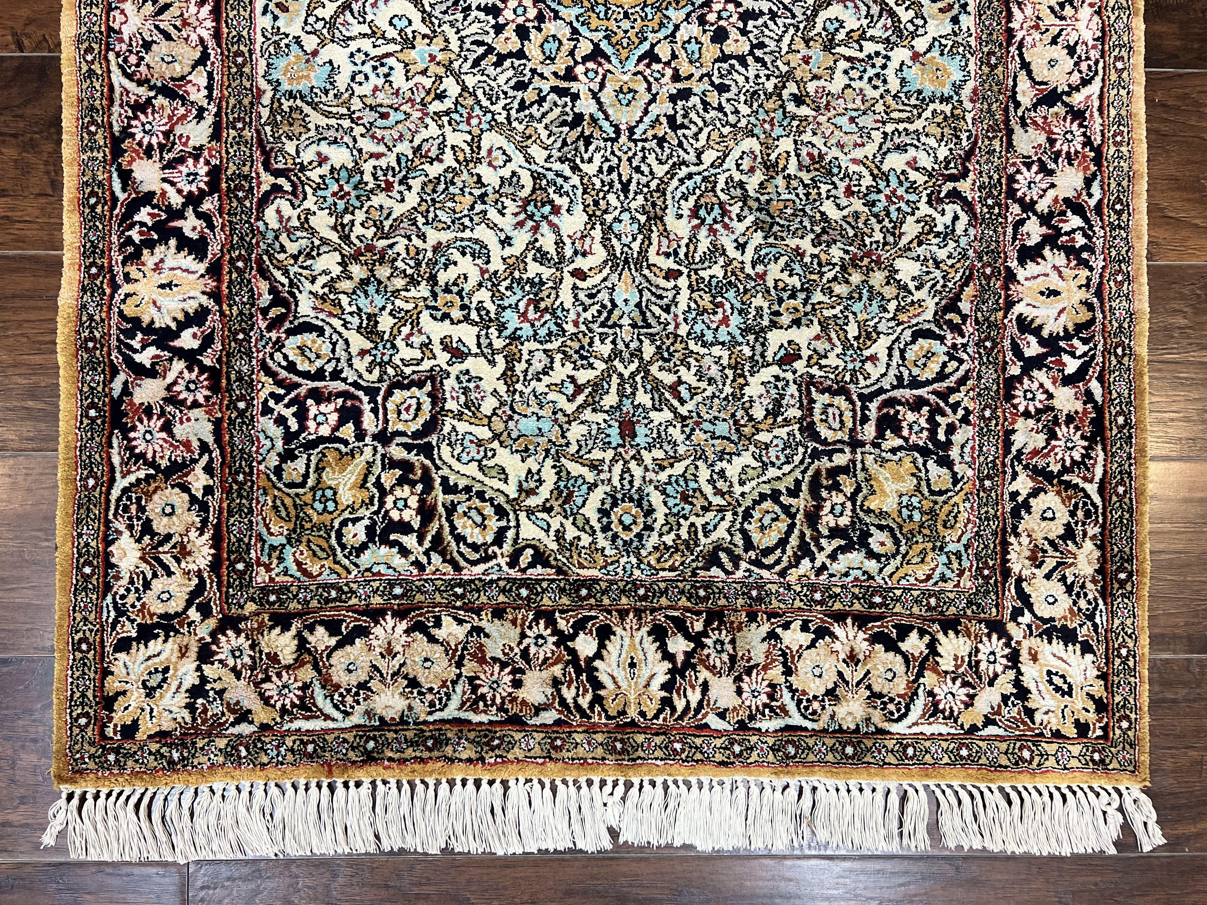 Silk Persian Qum Rug 4x5, Hand Knotted Vintage Carpet, Cream & Navy Blue, Silk Pile on Silk Foundation, Very Fine 360 KPSI - Jewel Rugs