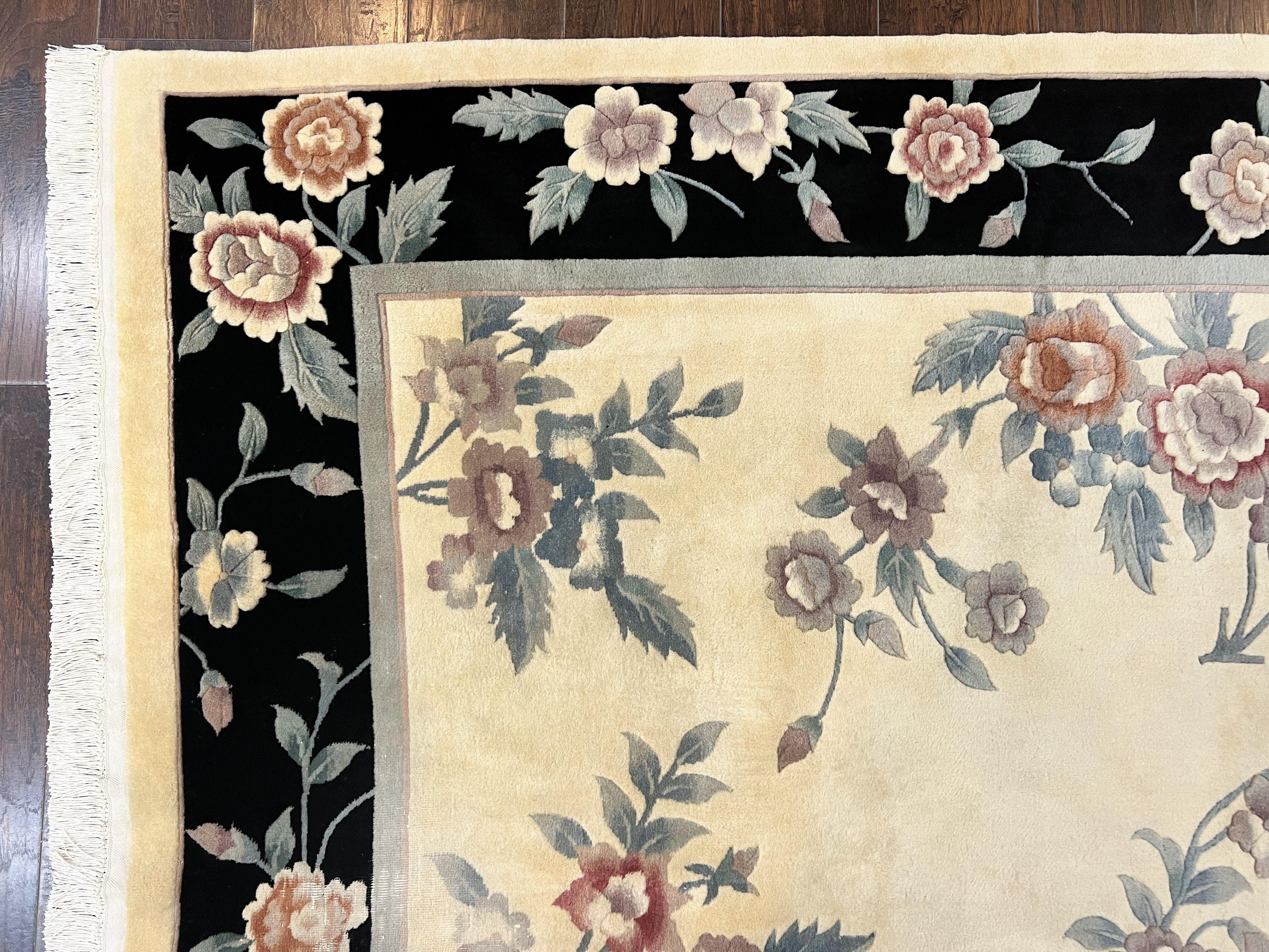 Chinese Wool Rug 8x10, Floral Design, Cream & Black, Art Deco 90 Line Rug 8 x 10, Soft, Handmade Vintage Oriental Carpet - Jewel Rugs