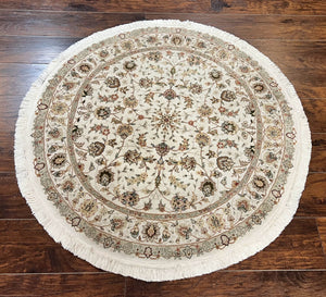 Sino Persian Round Rug 4x4, Floral Allover, Ivory, Hand Knotted Handmade Fine Round Oriental Carpet, Vintage Traditional Rug 4 x 4