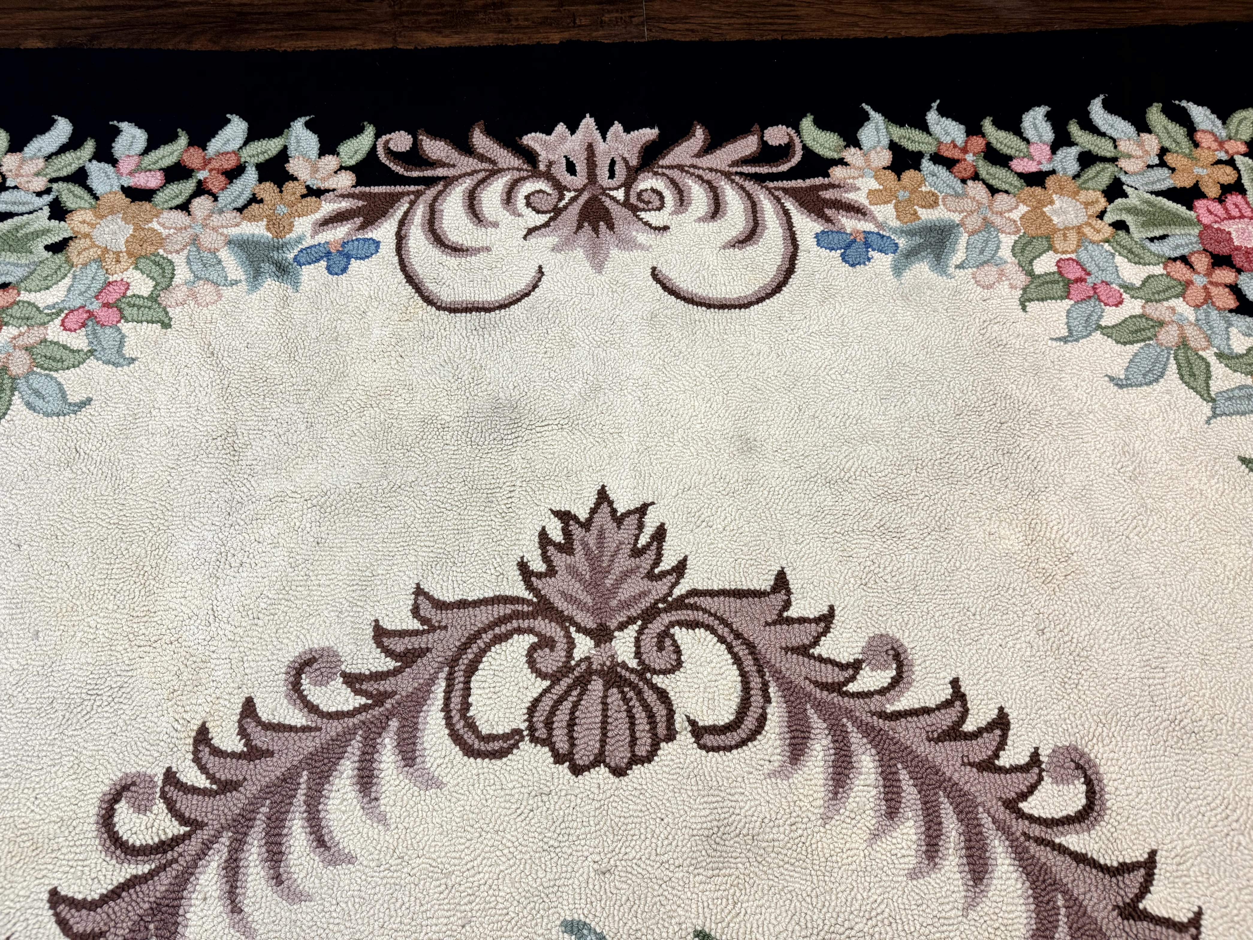 Large American Hooked Rug 8x11, Vintage Ivory Black Floral Carpet - Jewel Rugs