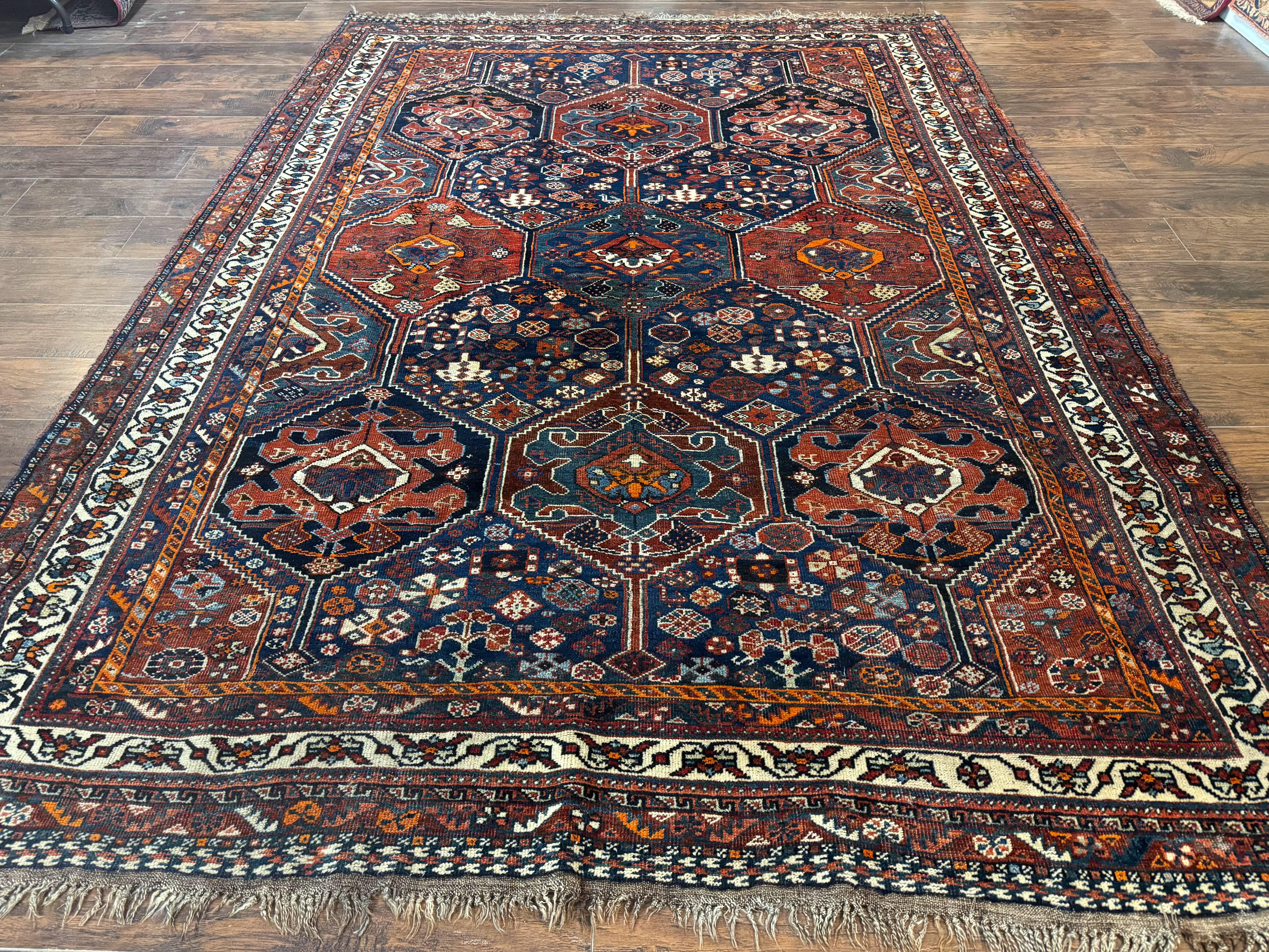 Persian Tribal Rug 7x10, Panel Design, Wool on Wool, Dark Blue, Antique Persian Carpet, Persian Shiraz Rug - Jewel Rugs